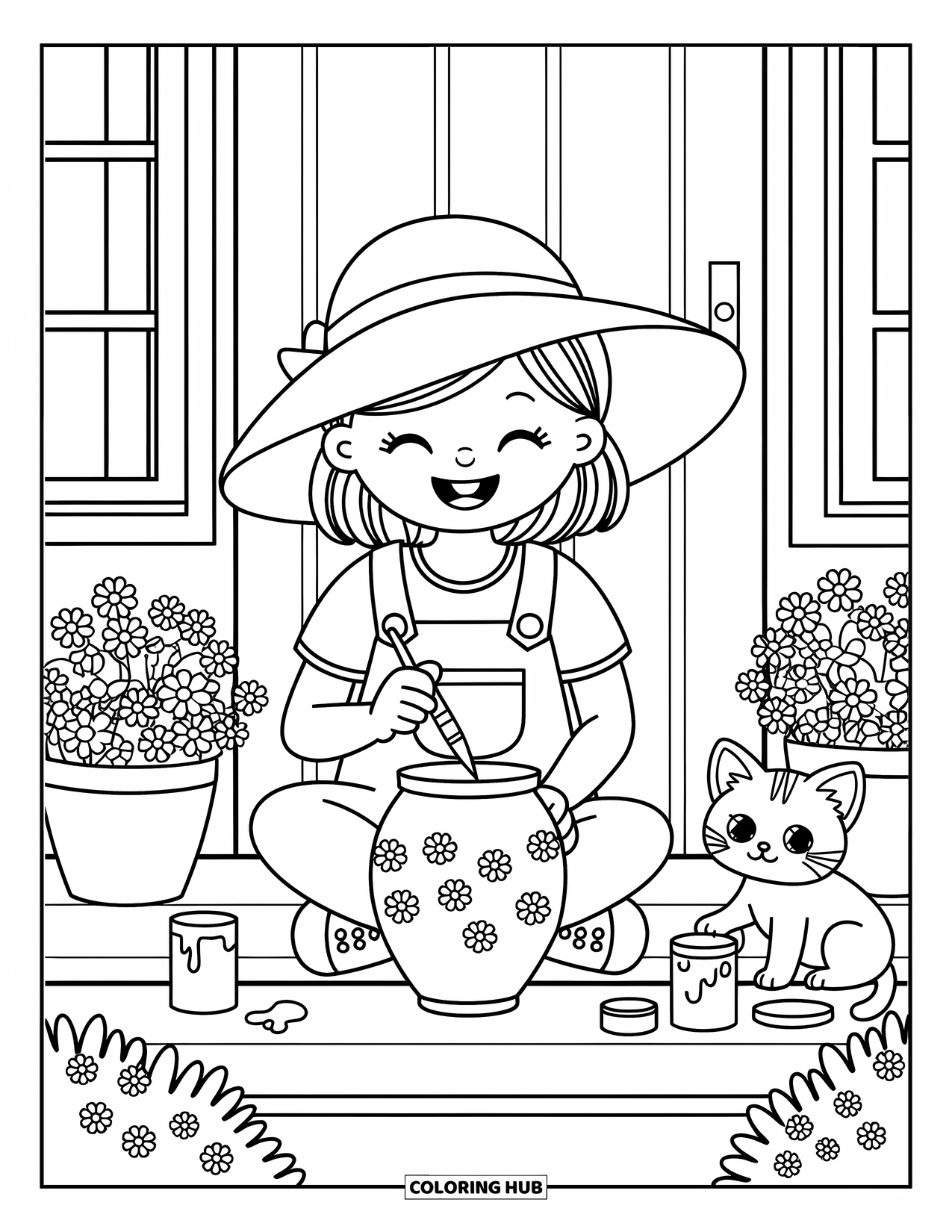 Desenho de primavera para colorir para adultos: Uma garota alegre pinta vasos de flores em uma varanda aconchegante, enquanto um gatinho mergulha a pata na tinta de forma divertida