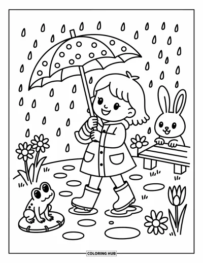 Spring Coloring Page for Adults: A joyful girl spins her umbrella in the rain as a frog and bunny curiously watch her