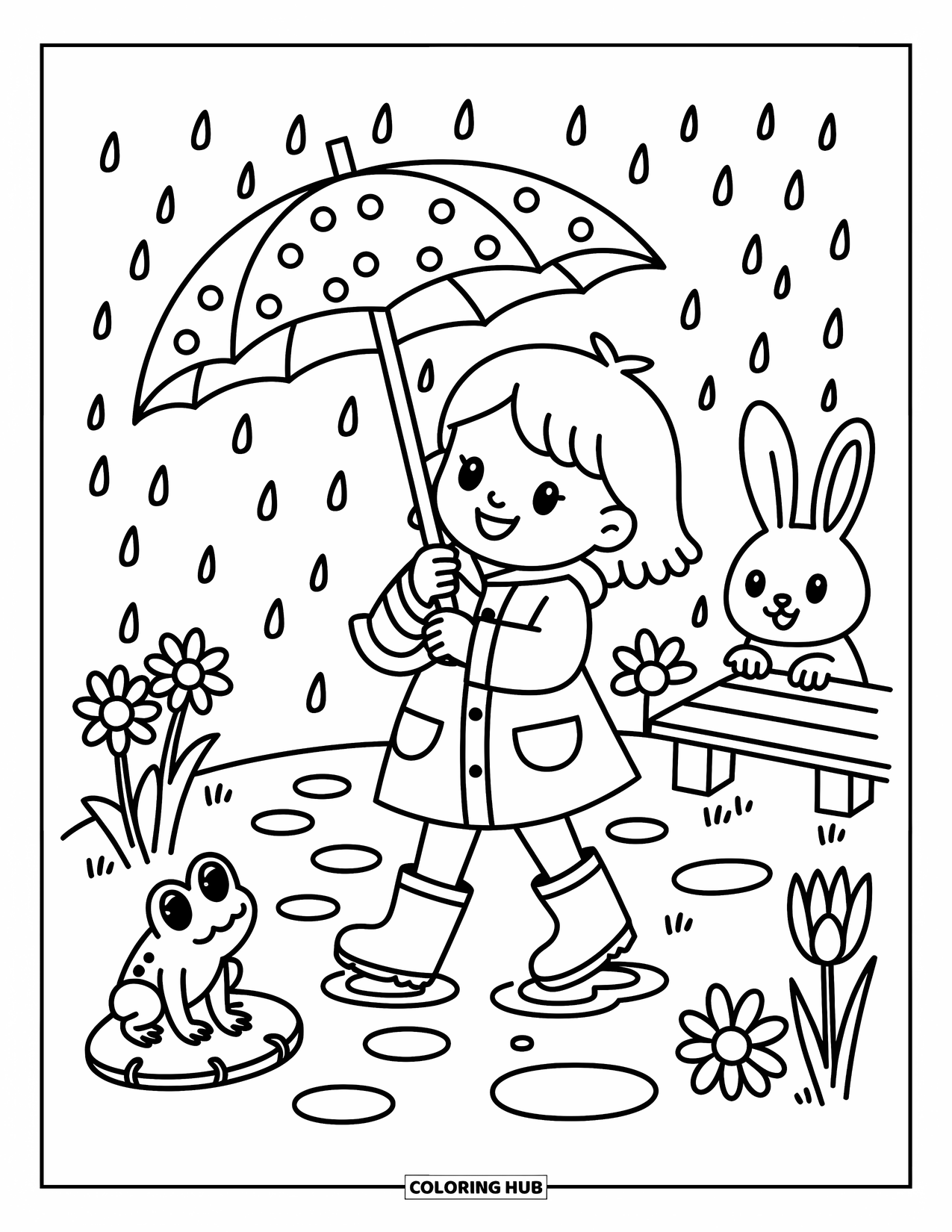 Desenho de primavera para colorir para adultos: Uma garota alegre gira seu guarda-chuva na chuva enquanto um sapo e um coelho a observam curiosamente