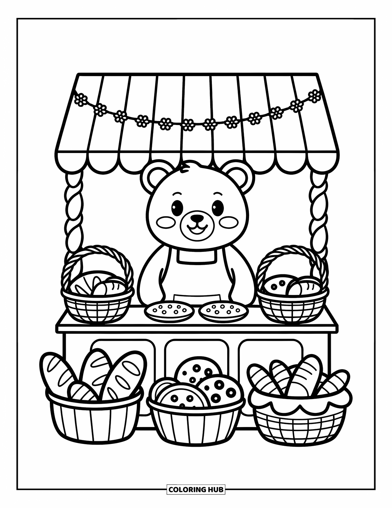 Desenho de primavera para colorir para adultos: Um gatinho, um cachorrinho e um coelho desfrutam de um piquenique com pequenos sanduíches e macarons