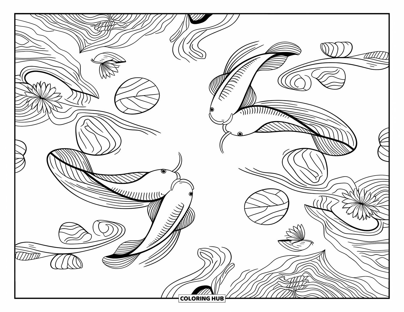Desenho de primavera para colorir para adultos: Uma cena de lago de carpas com ondulações suaves, lírios flutuantes e padrões de água rodopiantes intrincados