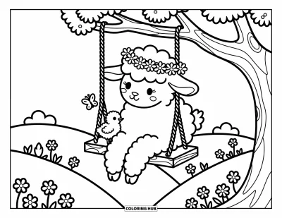 Spring Coloring Page for Adults: A lamb swings gently, holding a chick while a butterfly rests on its nose