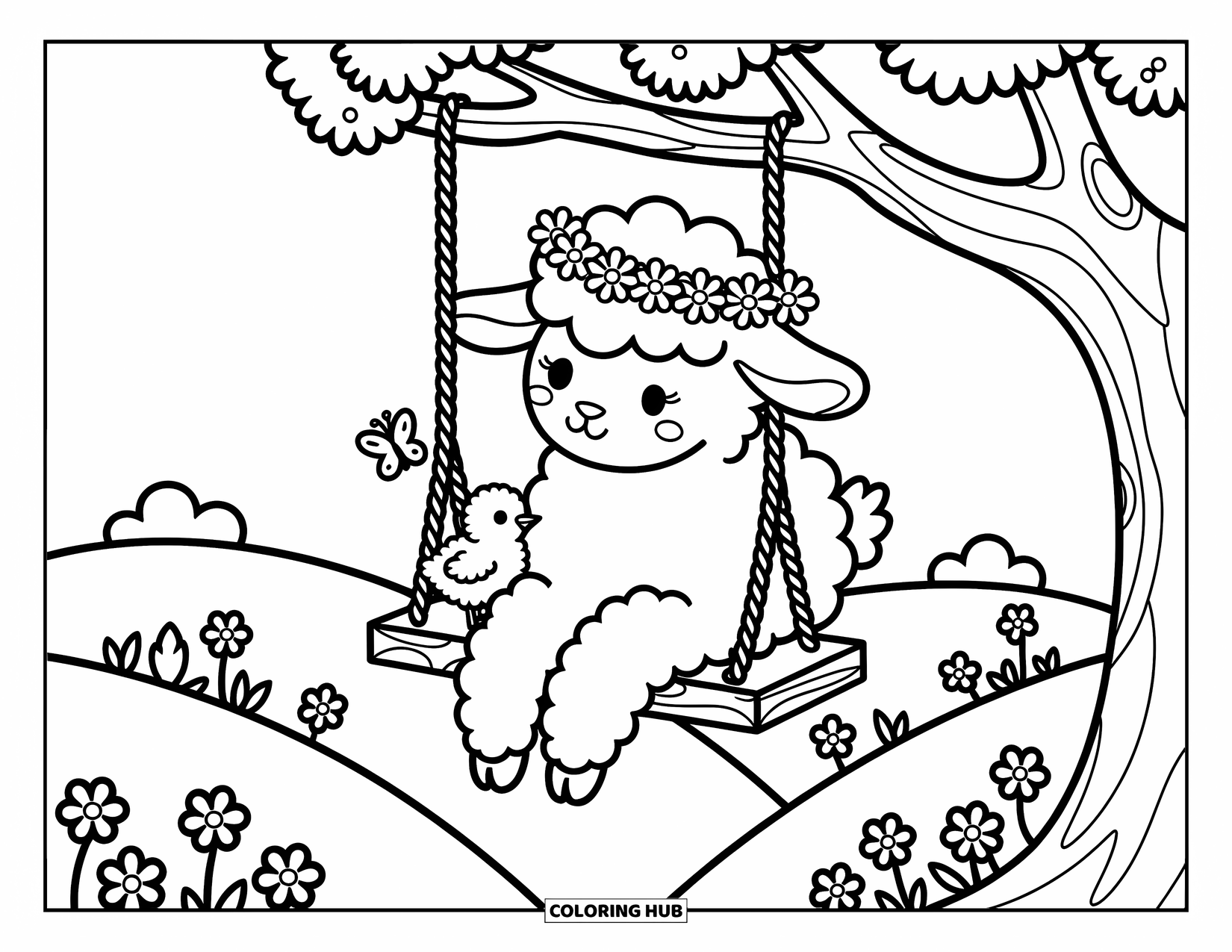 Desenho de primavera para colorir para adultos: Um cordeiro balança suavemente, segurando um pintinho enquanto uma borboleta repousa em seu nariz