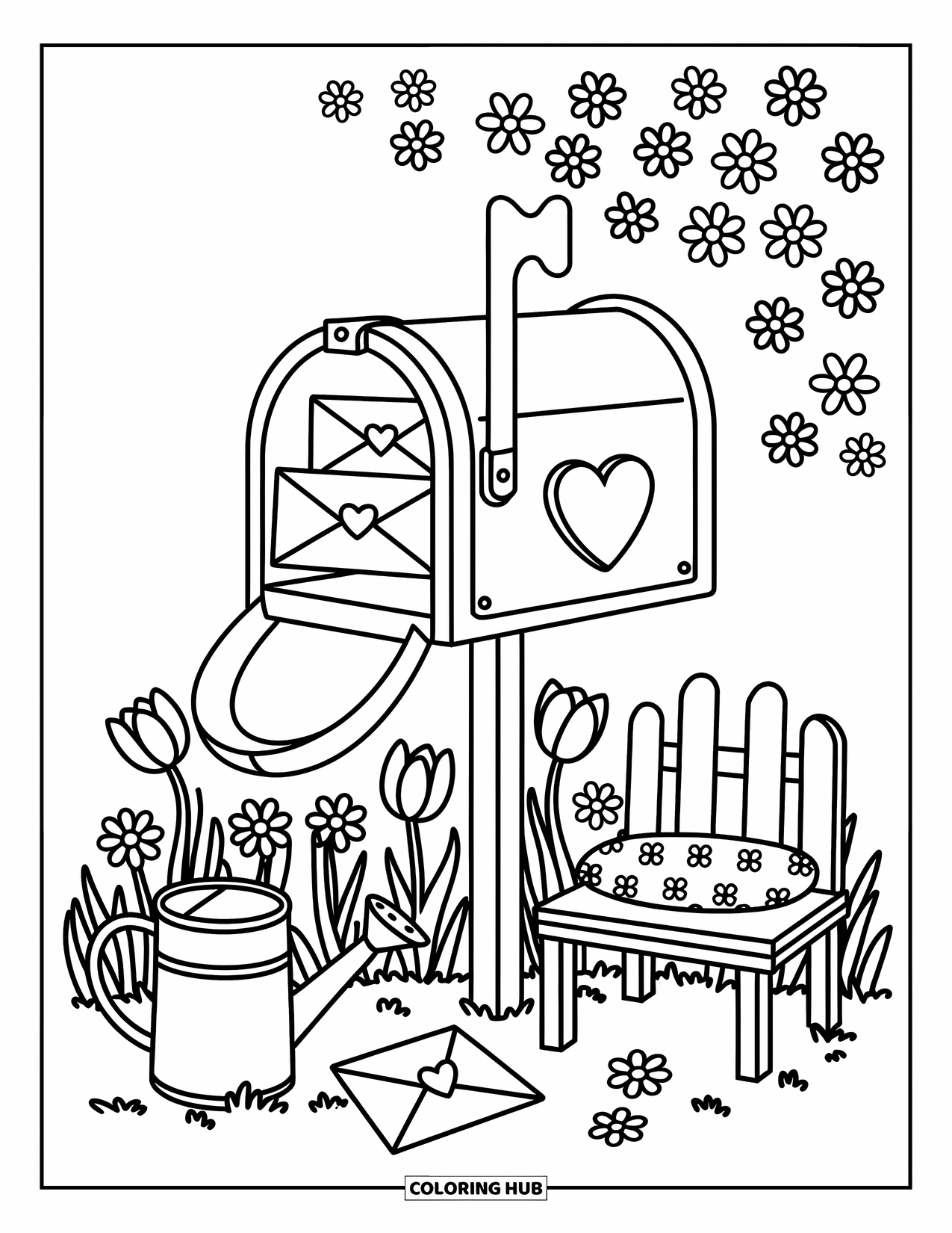 Desenho de primavera para colorir para adultos: Uma grande janela com gotas de chuva escorrendo, uma xícara de chá fumegante repousando no parapeito