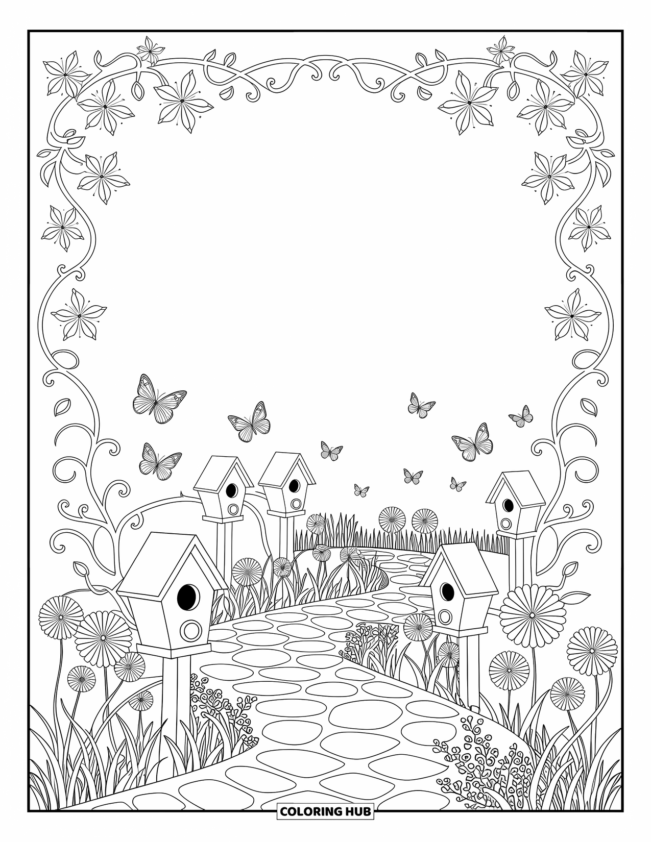 Desenho de primavera para colorir para adultos: Um jardim de primavera exuberante com um caminho de pedra, charmosas casas de pássaros e borboletas esvoaçantes