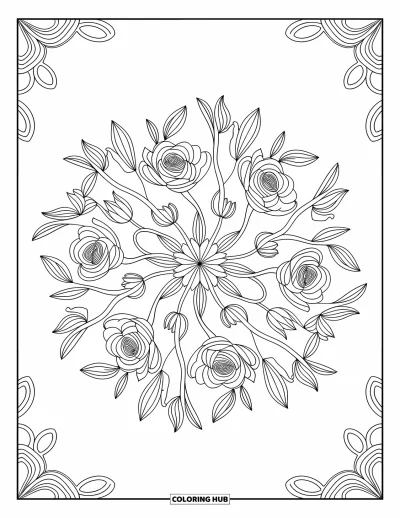 Spring Coloring Page for Adults: A mesmerizing floral mandala with roses, tulips, and daffodils woven into an intricate pattern