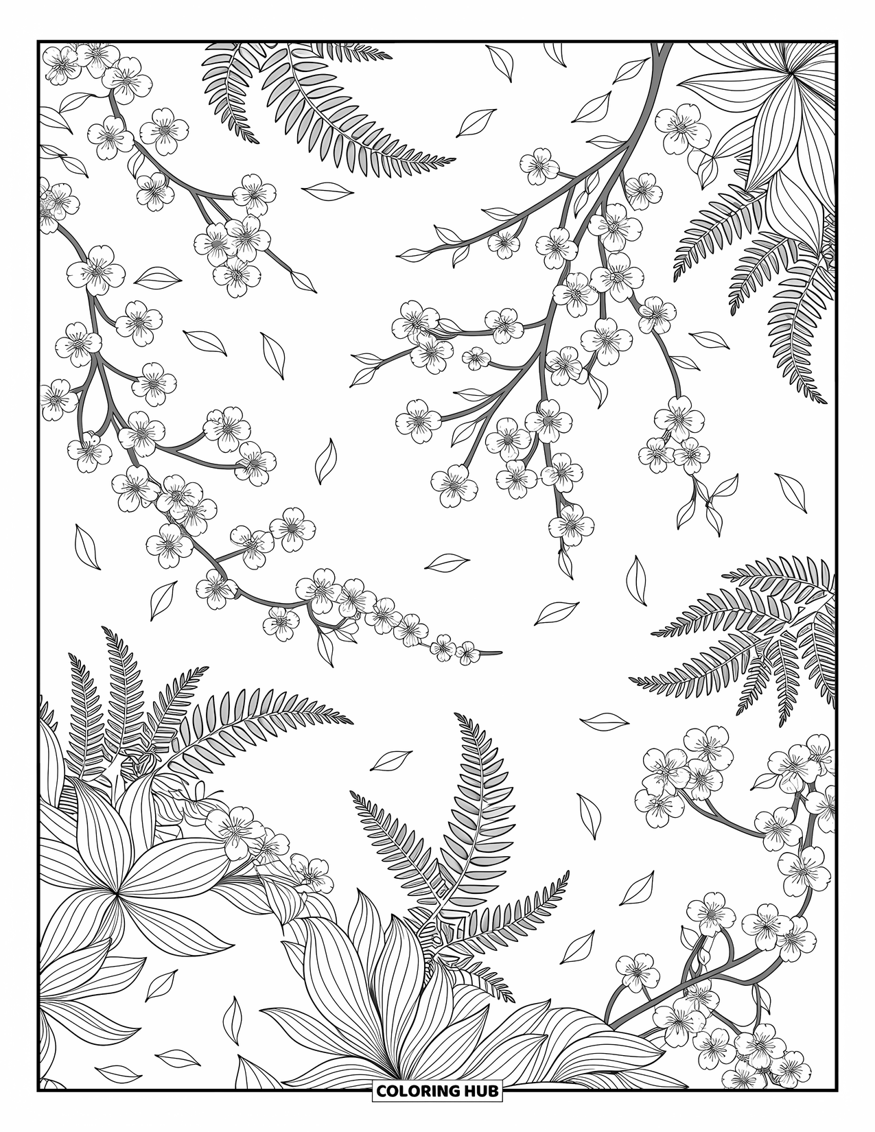 Desenho de primavera para colorir para adultos: Uma mandala hipnotizante de flores de cerejeira, samambaias e pétalas rodopiantes em um padrão delicado e intrincado