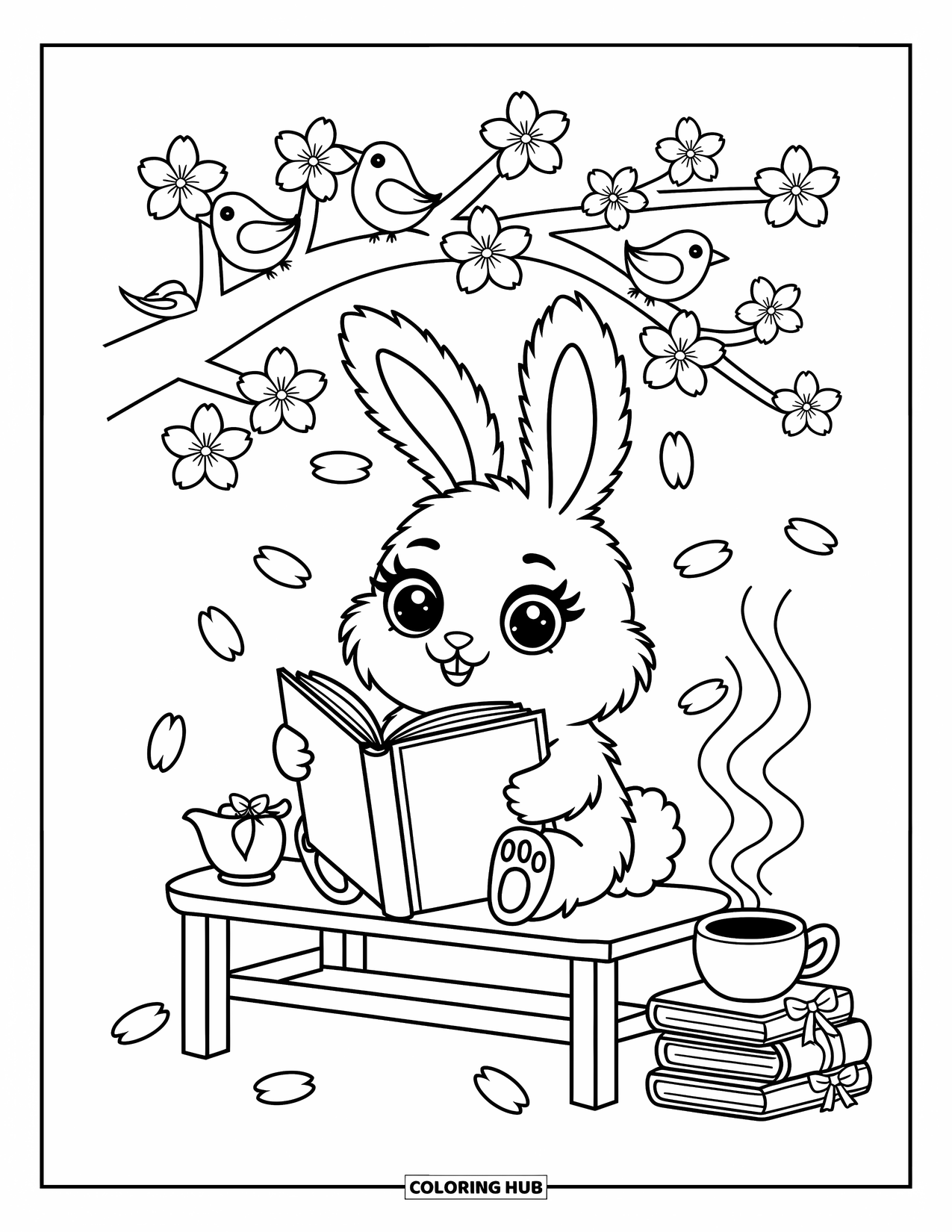 Desenho de primavera para colorir para adultos: Um coelho tranquilo lê sob uma cerejeira, bebendo chá com pássaros por perto