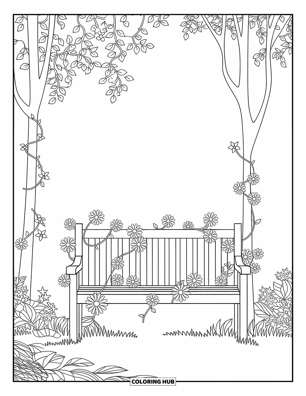 Desenho de primavera para colorir para adultos: Um banco de floresta tranquilo entrelaçado com vinhas floridas e cercado por folhagem intrincada