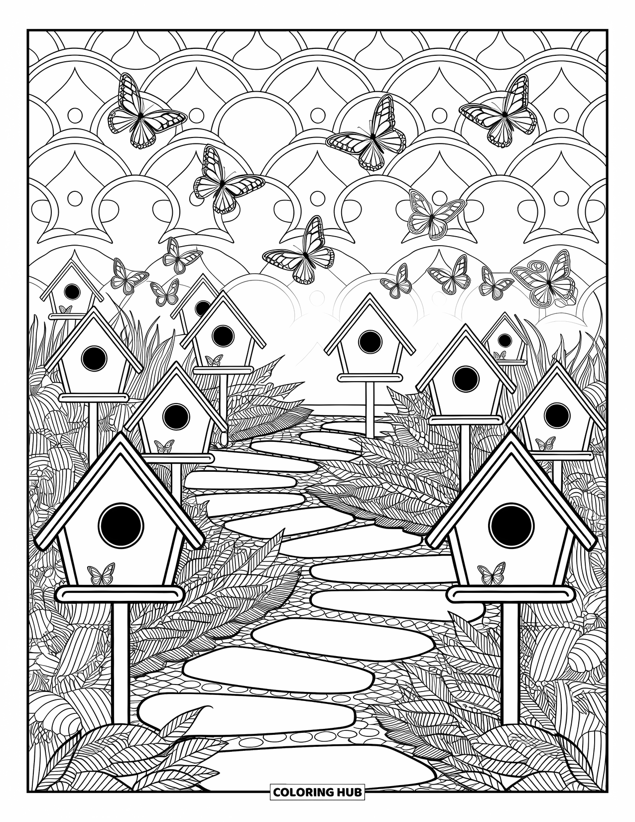 Desenho de primavera para colorir para adultos: Um caminho de jardim tranquilo ladeado por casas de pássaros e borboletas delicadas em voo