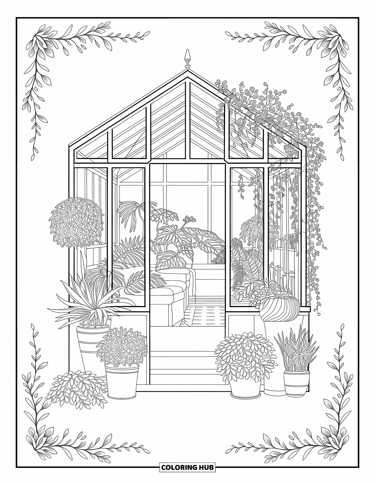 Desenho de primavera para colorir para adultos: Uma estufa tranquila cheia de plantas exuberantes, vinhas pendentes e um espaço de leitura charmoso