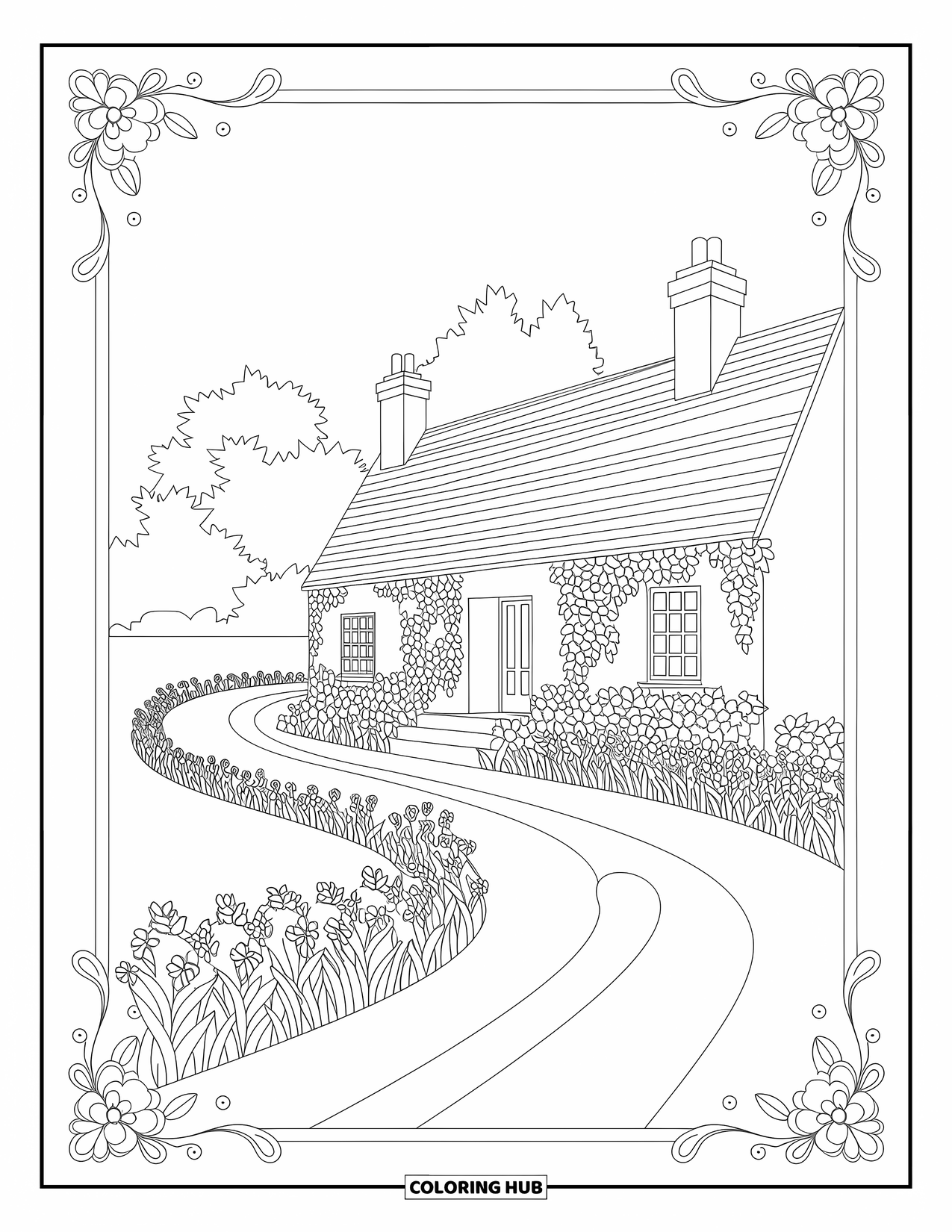 Desenho de primavera para colorir para adultos: Uma pacífica cabana coberta de hera com um jardim de flores desabrochando e caminhos sinuosos