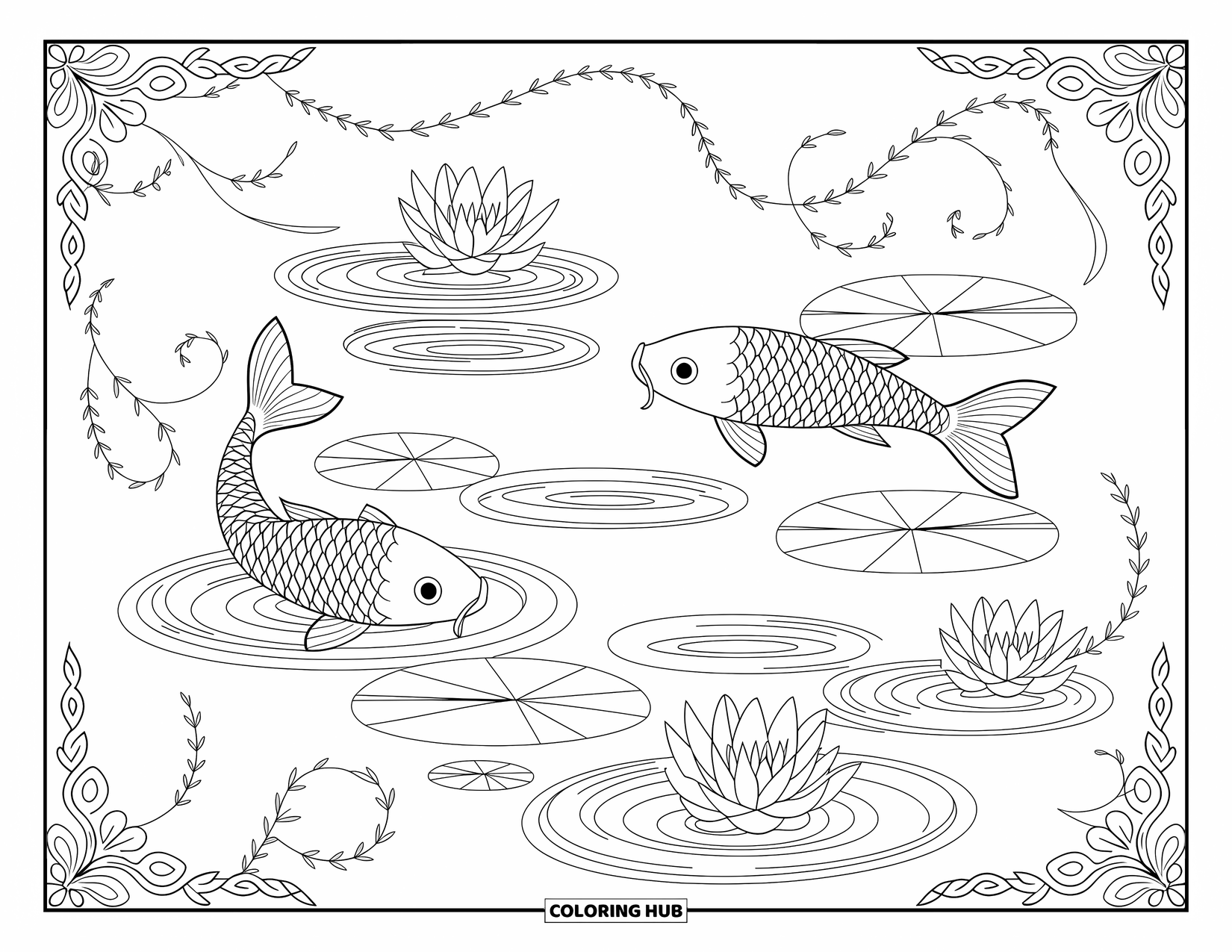 Desenho de primavera para colorir para adultos: Um lago de carpas tranquilo com nenúfares e folhas flutuantes refletindo na superfície calma
