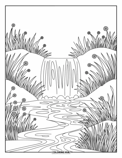Spring Coloring Page for Adults: A peaceful waterfall flowing into a serene stream, surrounded by detailed plants and flowers