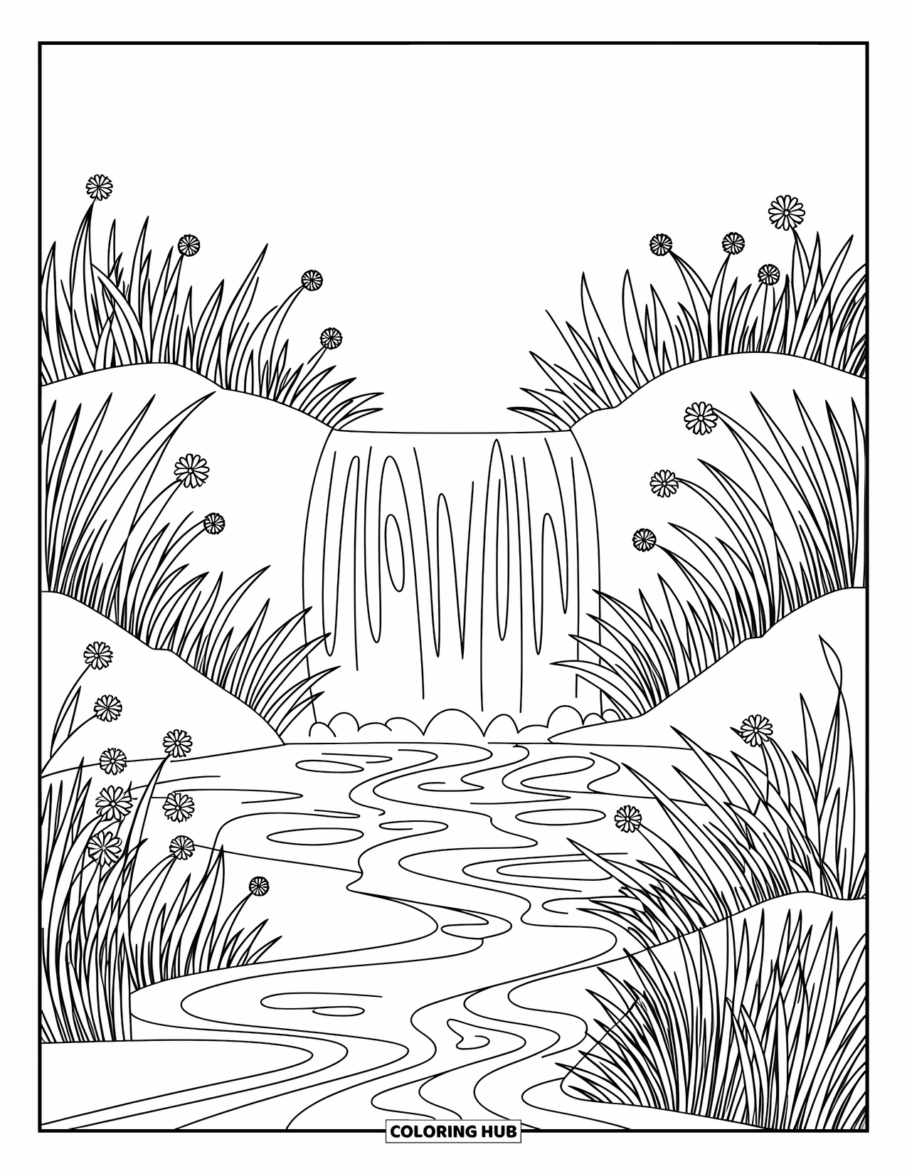 Desenho de primavera para colorir para adultos: Uma cachoeira tranquila fluindo para um riacho sereno, cercada por plantas e flores detalhadas