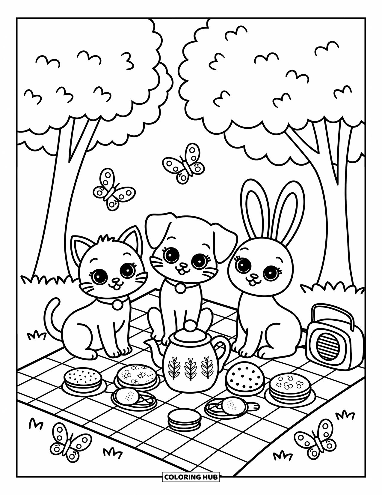 Desenho de primavera para colorir para adultos: Um trio divertido desfruta de um piquenique com chá, biscoitos e borboletas esvoaçantes
