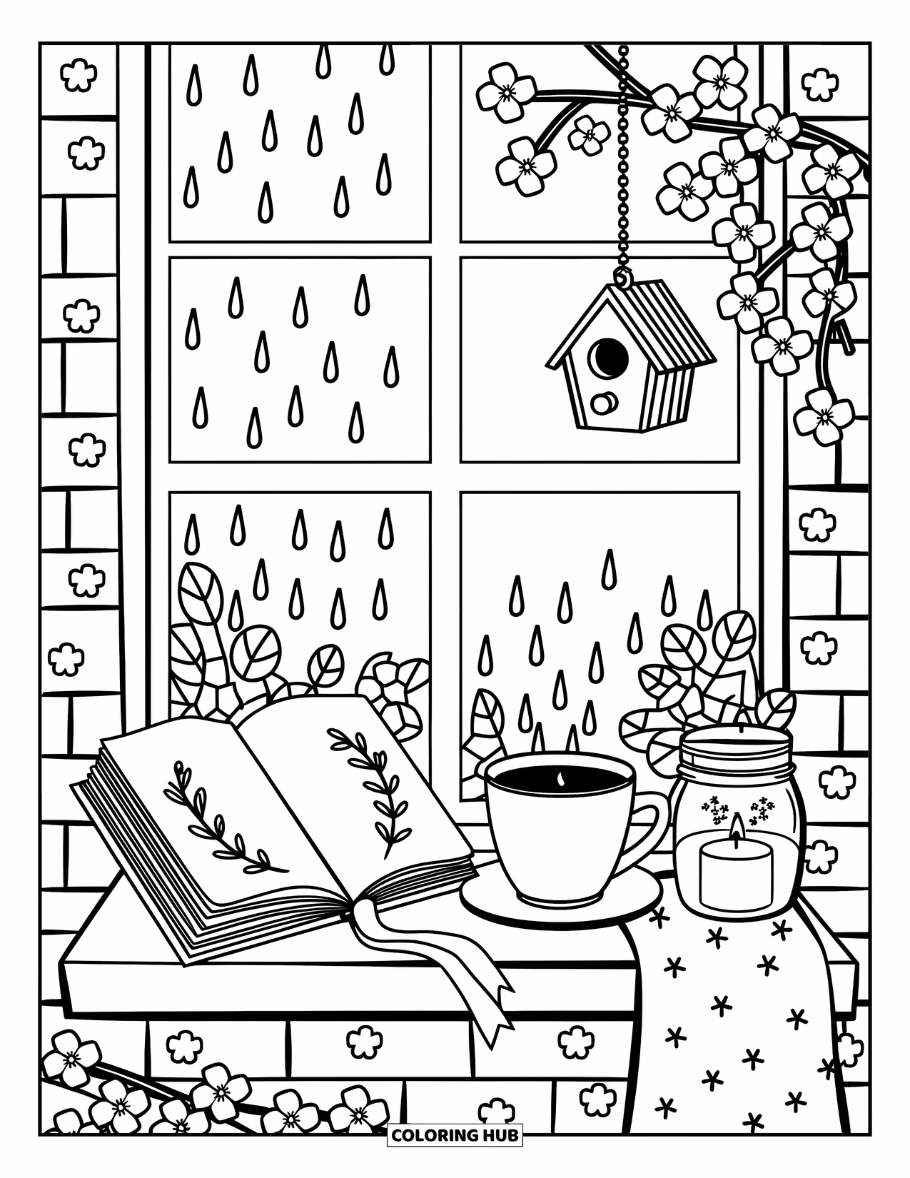 Desenho de primavera para colorir para adultos: Uma janela em um dia chuvoso com um livro, chá quente e cerejeiras em flor do lado de fora
