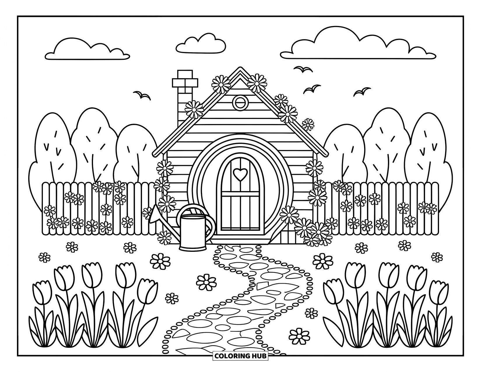 Desenho de primavera para colorir para adultos: Um chalé de porta redonda com uma caixa de correio em forma de coração fica entre tulipas, um caminho de pedra e pequenos pássaros