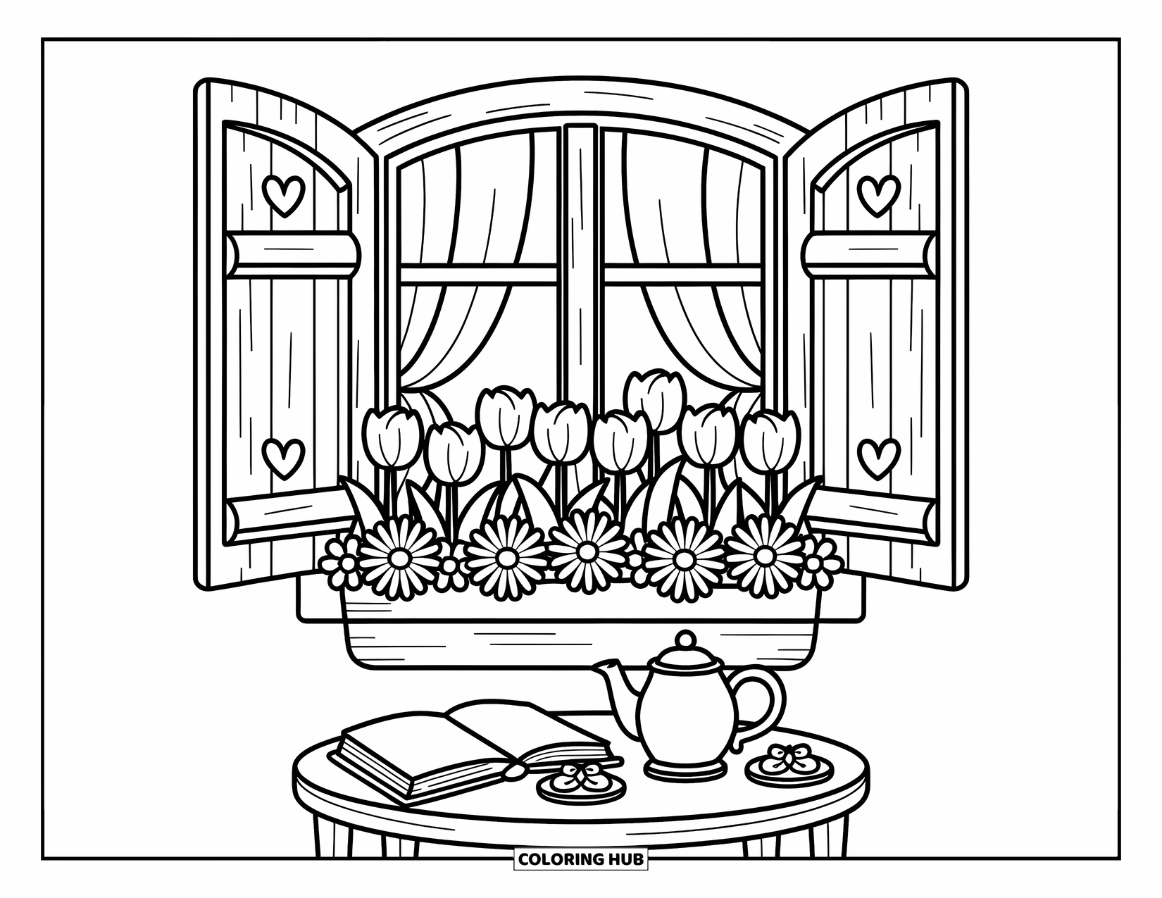 Desenho de primavera para colorir para adultos: Uma janela rústica com venezianas entalhadas em forma de coração tem vista para uma floreira, um conjunto de chá e biscoitos de borboleta