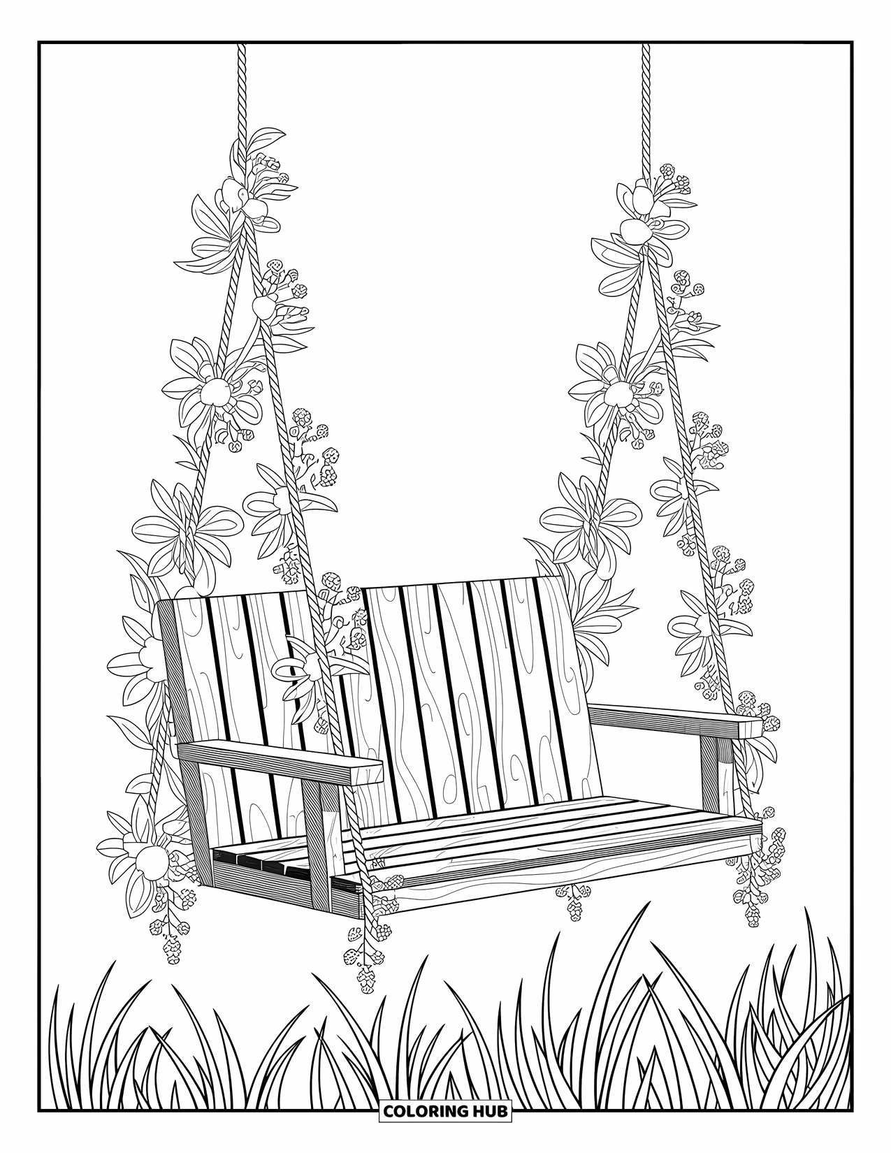 Desenho de primavera para colorir para adultos: Um balanço de madeira rústica coberto de flores trepadeiras, balançando suavemente em um prado tranquilo