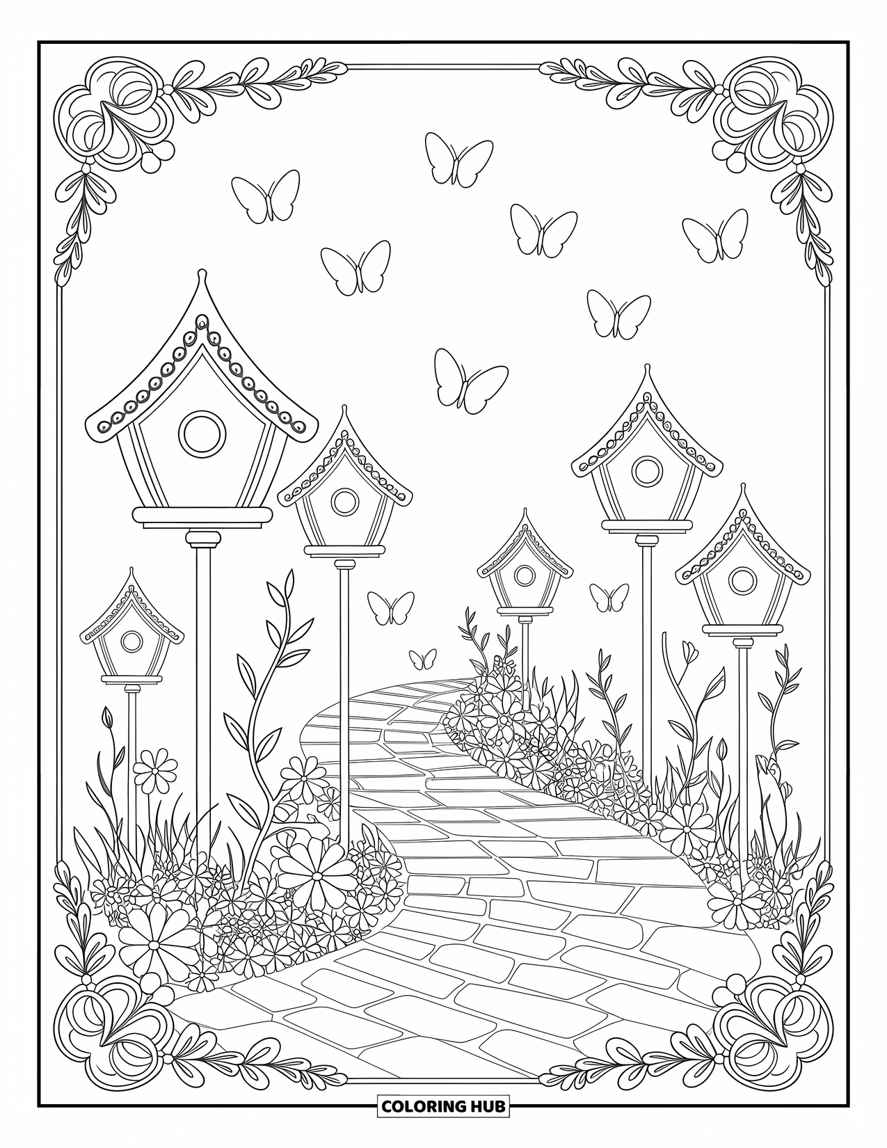 Desenho de primavera para colorir para adultos: Um jardim sereno com um caminho de pedra sinuoso, casas de pássaros e borboletas esvoaçantes