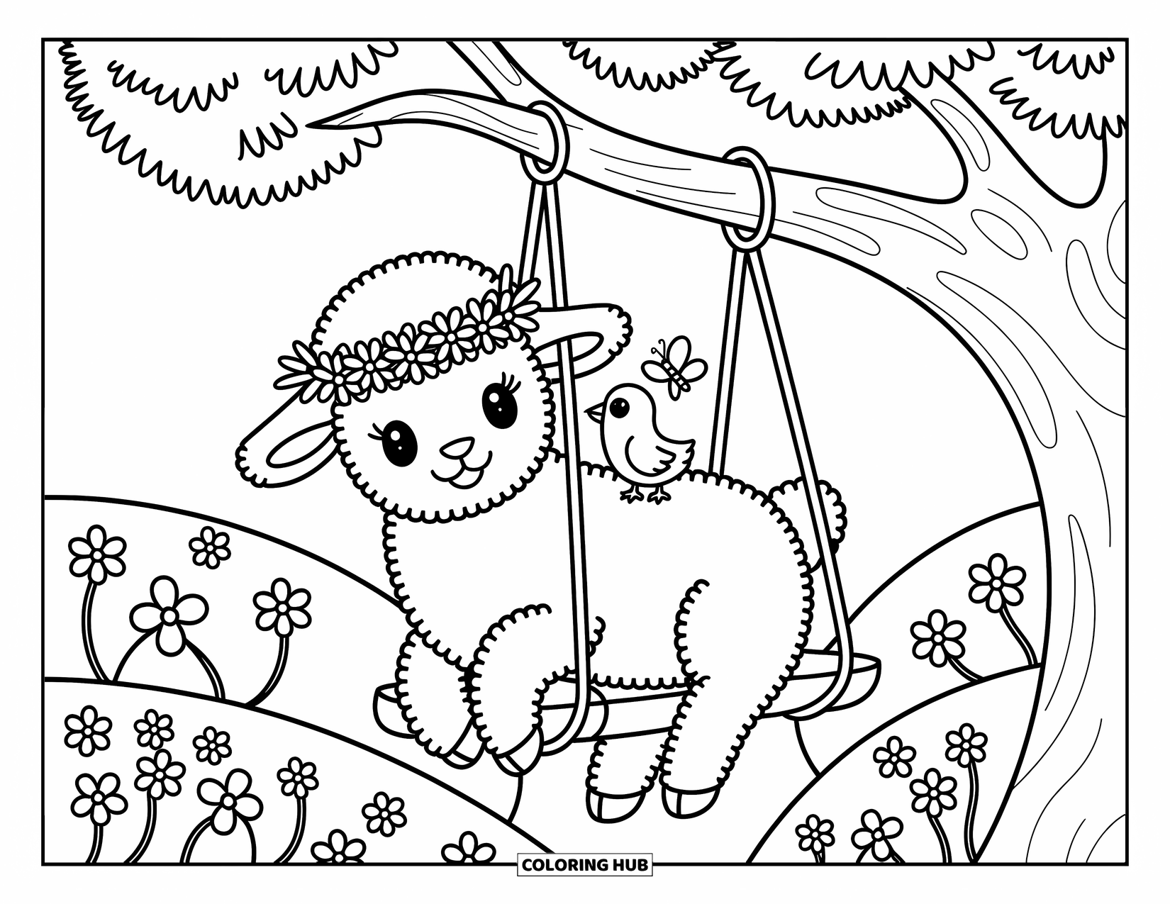 Desenho de primavera para colorir para adultos: Um cervo sonolento se enrola em um leito de flores silvestres, uma borboleta pairando por perto