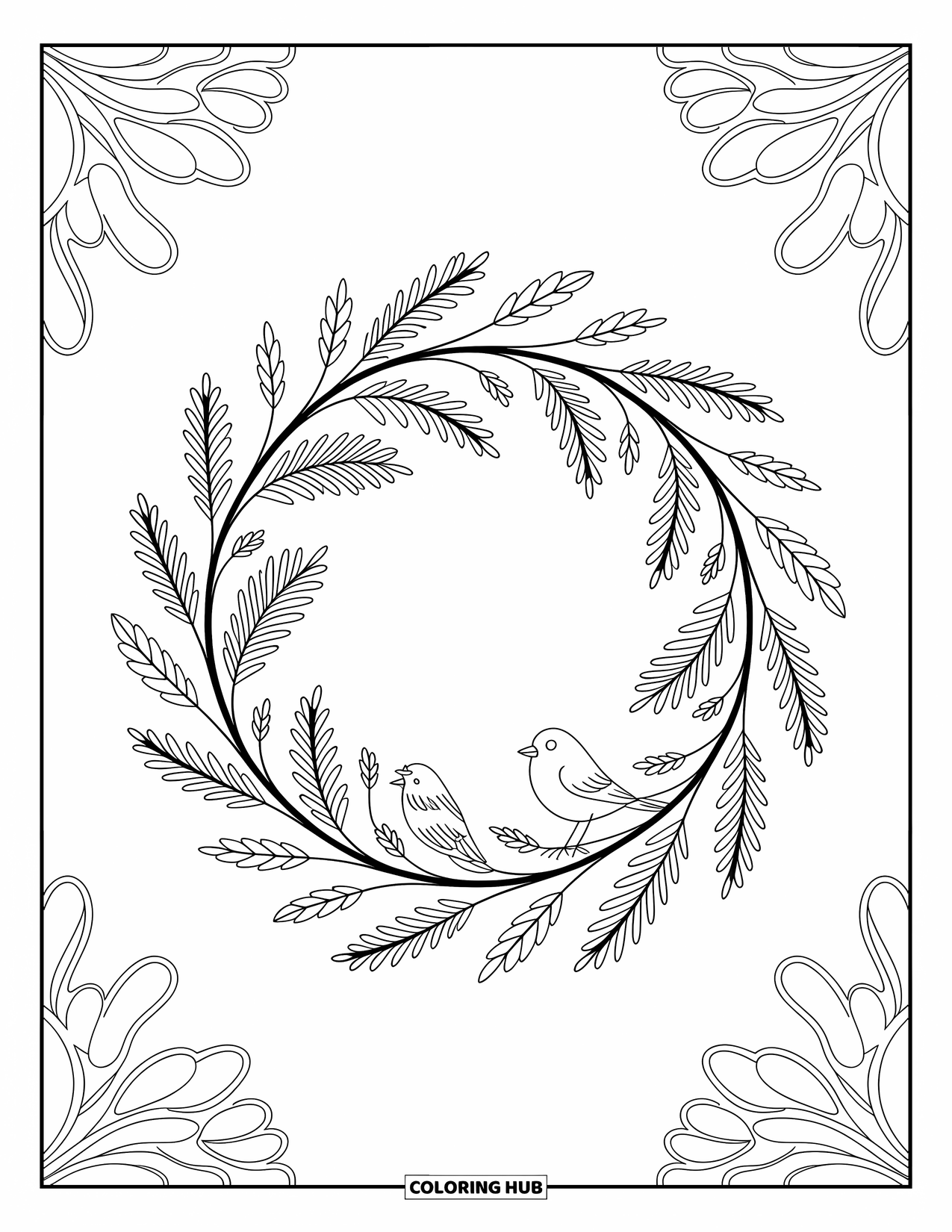 Desenho de primavera para colorir para adultos: Uma guirlanda floral suave com pequenos pássaros empoleirados entre as flores silvestres e folhas encaracoladas