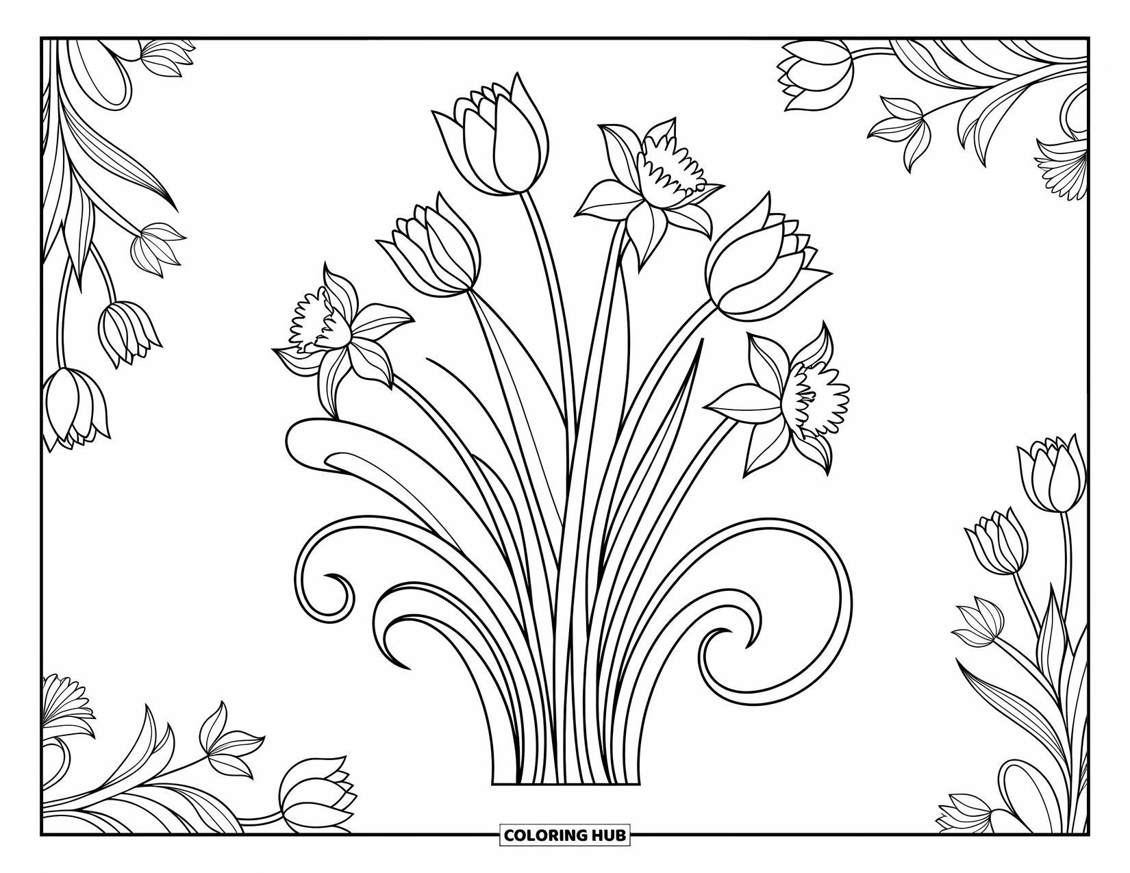 Desenho de primavera para colorir para adultos: Uma composição floral sofisticada com tulipas, narcisos e delicadas folhas rodopiantes entrelaçadas