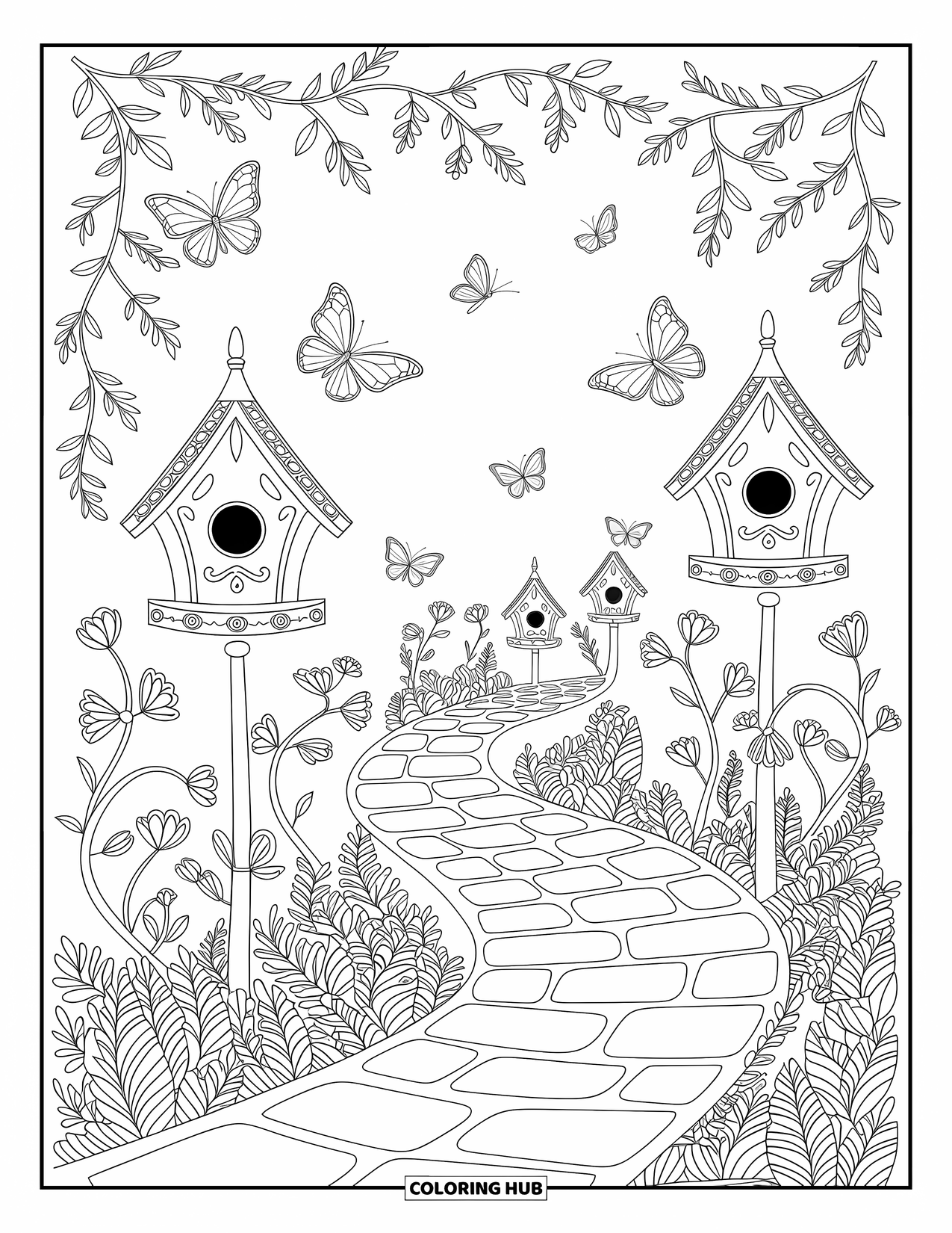 Desenho de primavera para colorir para adultos: Um caminho de pedra serpenteia por um jardim tranquilo cheio de casas de pássaros e borboletas à deriva