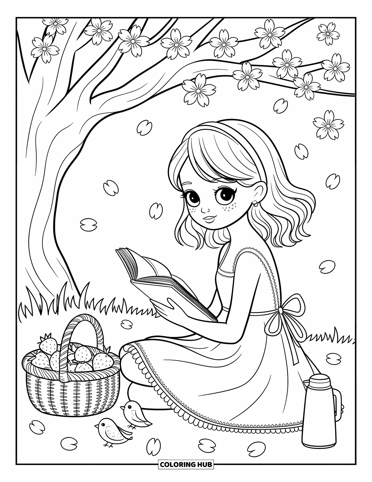 Desenho de primavera para colorir para adultos: Uma doce garota lê sob uma cerejeira em flor, cercada por pétalas flutuantes e guloseimas de piquenique aconchegantes
