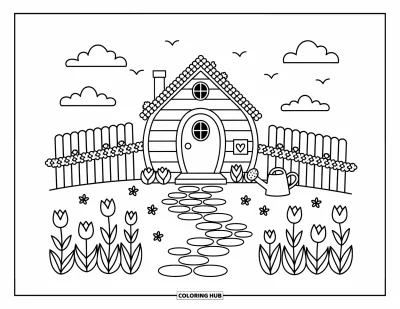 Spring Coloring Page for Adults: A tiny round-door home with a heart-shaped mailbox, ivy-covered fence, and a winding stone path