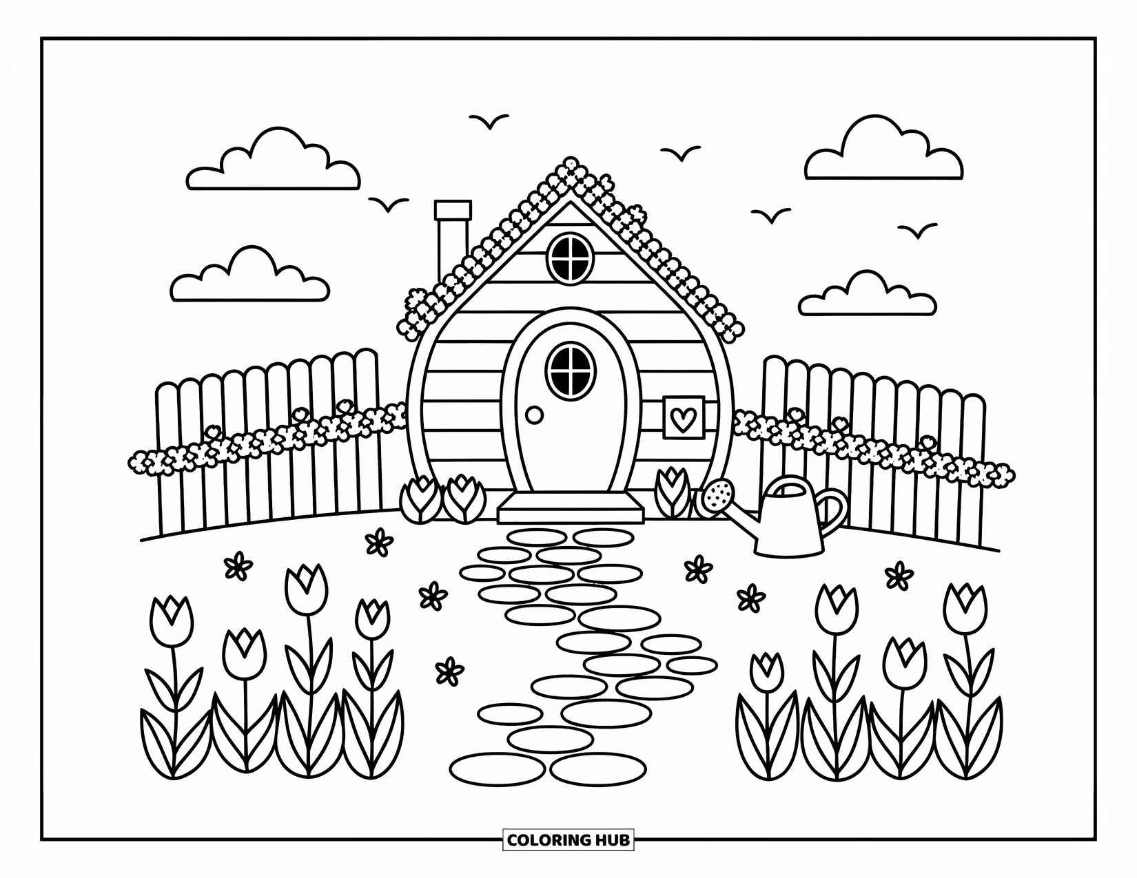 Desenho de primavera para colorir para adultos: Uma pequena casa de porta redonda com uma caixa de correio em forma de coração, cerca coberta de hera e um caminho de pedra sinuoso