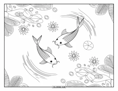 Spring Coloring Page for Adults: A tranquil koi pond with water lilies and rippling patterns creating a peaceful atmosphere