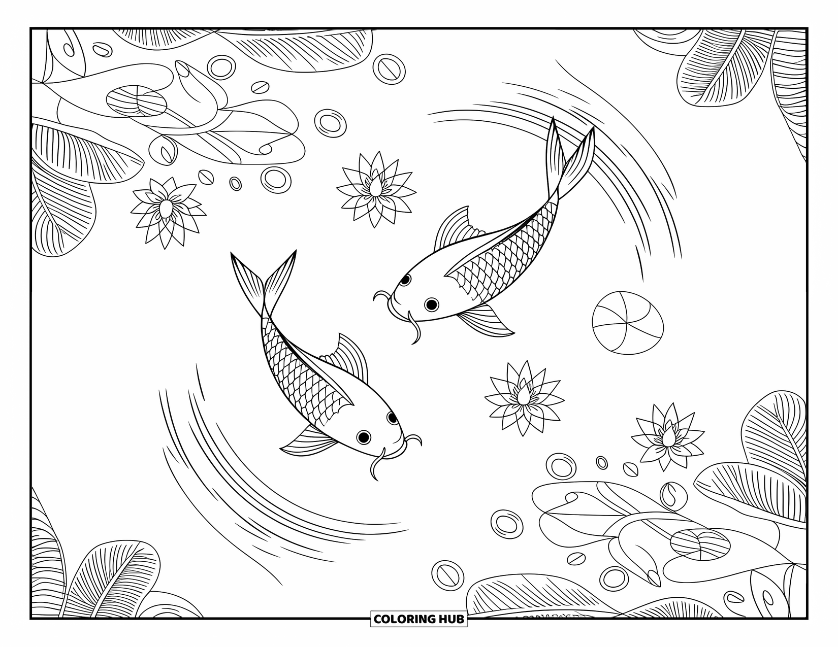 Desenho de primavera para colorir para adultos: Um lago de carpas tranquilo com nenúfares e padrões ondulantes criando uma atmosfera pacífica