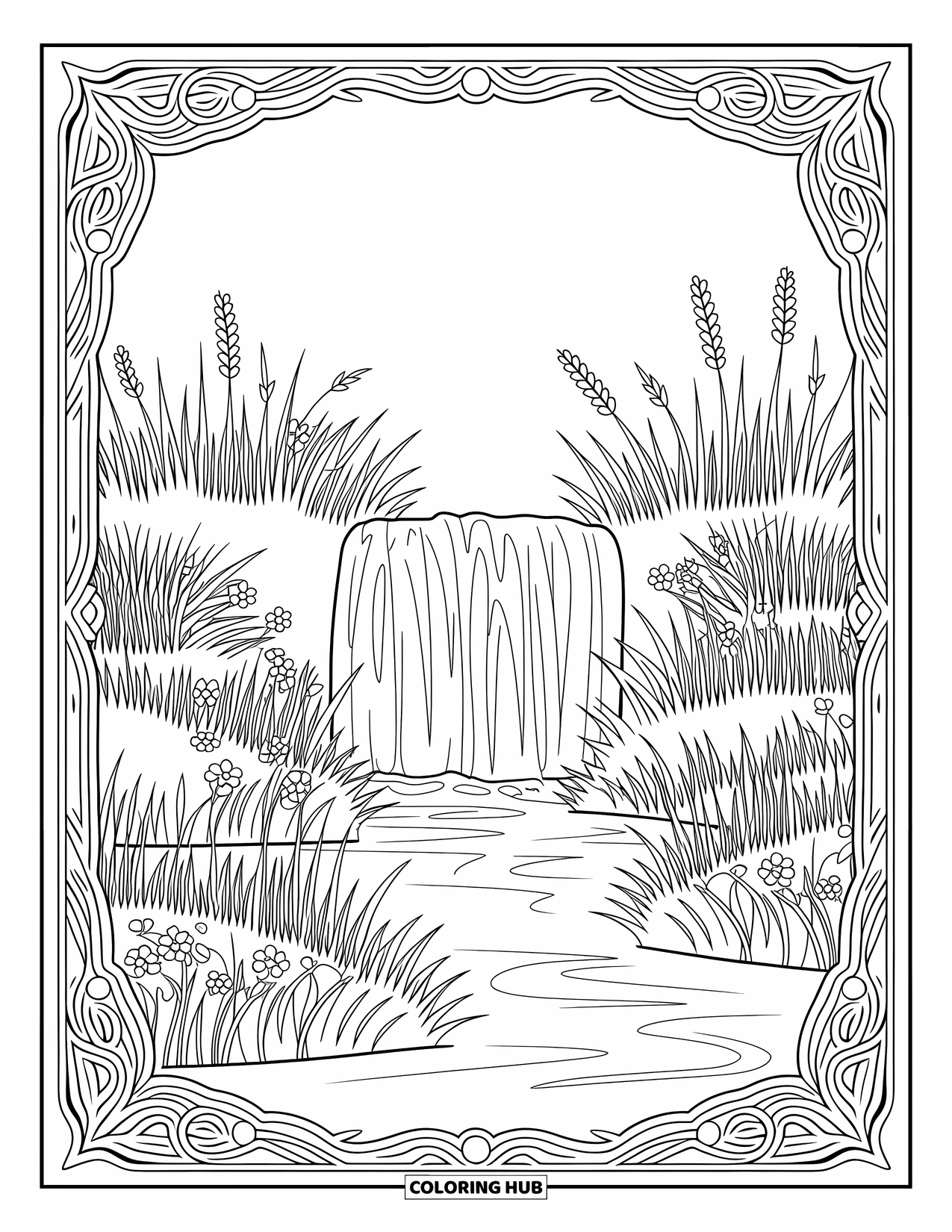 Desenho de primavera para colorir para adultos: Uma cena de cachoeira tranquila com grama alta, flores silvestres e padrões rodopiantes intrincados