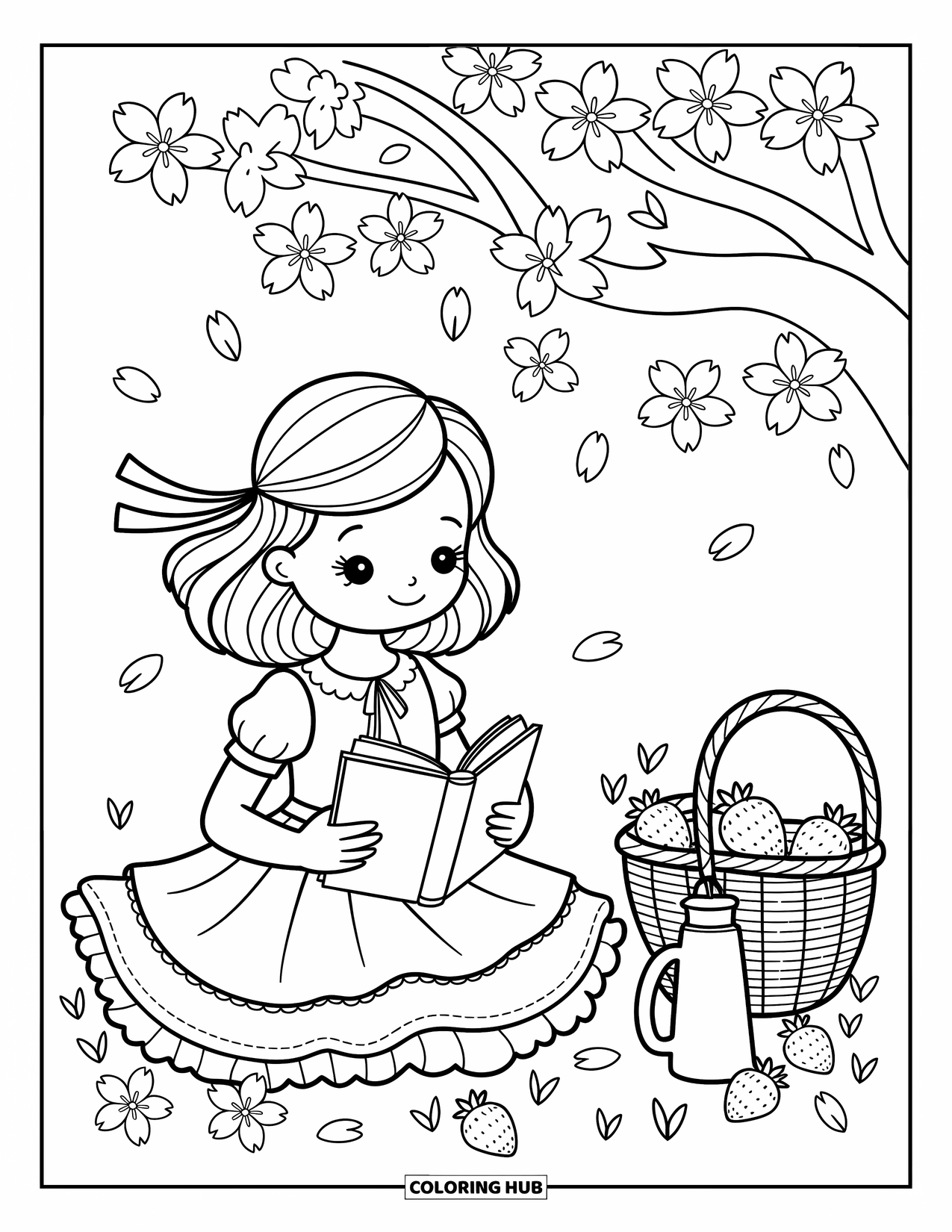 Desenho de primavera para colorir para adultos: Uma garota de cabelos ondulados relaxa sob uma cerejeira em flor, lendo com uma cesta de doces
