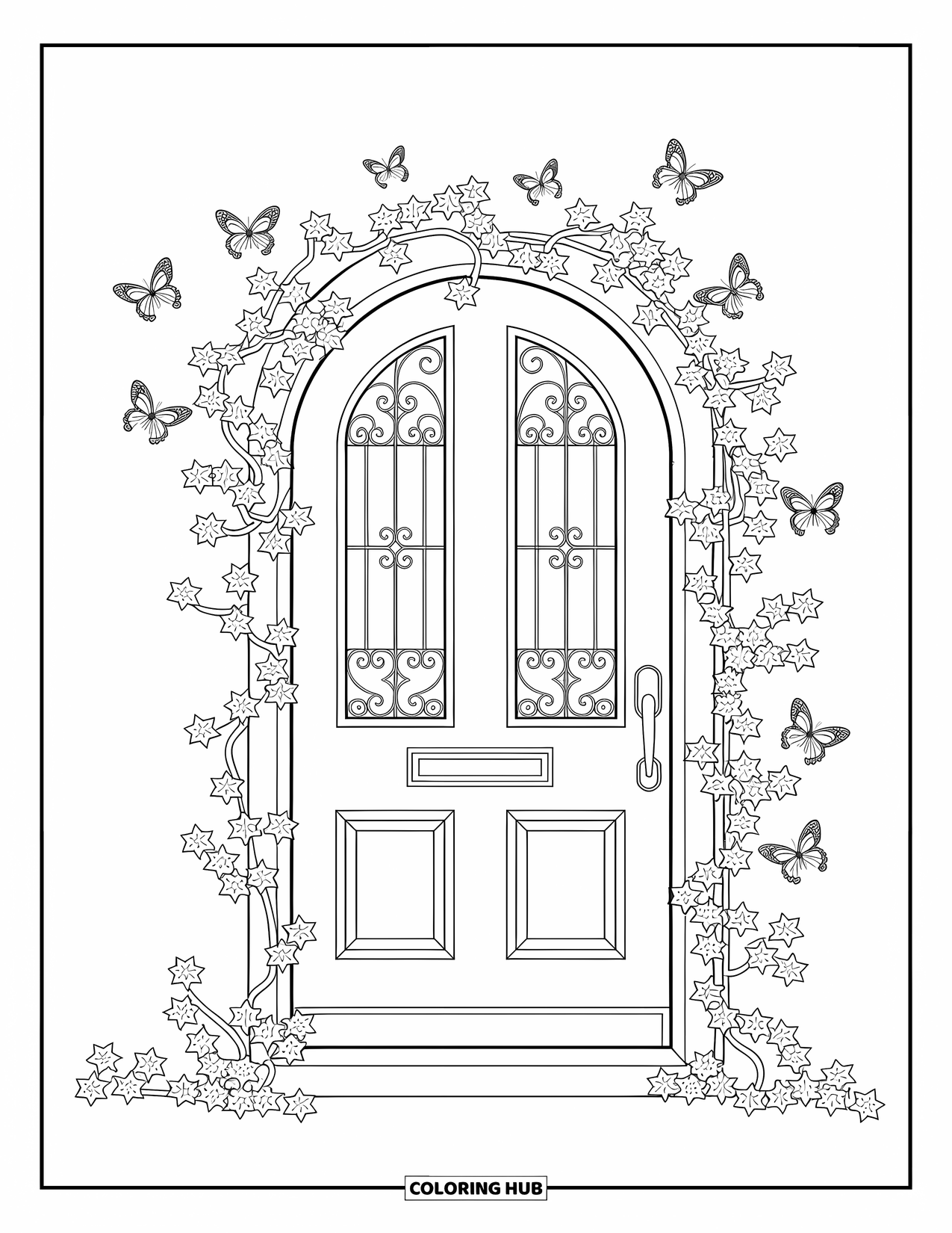 Desenho de primavera para colorir para adultos: Uma porta de jardim caprichosa emoldurada por hera e trabalhos de ferro ornamentados, com borboletas dançando ao redor