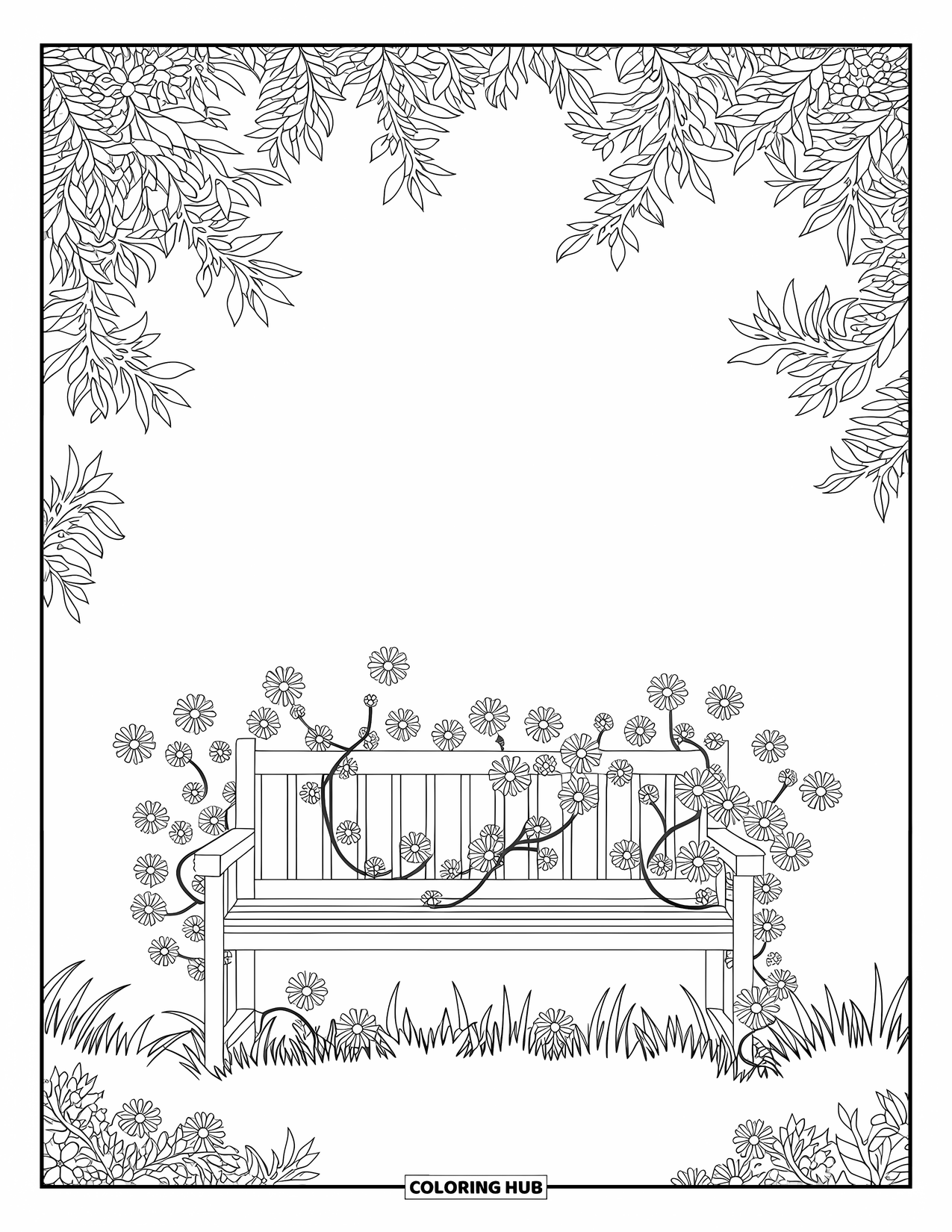 Desenho de primavera para colorir para adultos: Um banco de madeira aninhado em uma clareira tranquila na floresta, envolto em vinhas e margaridas