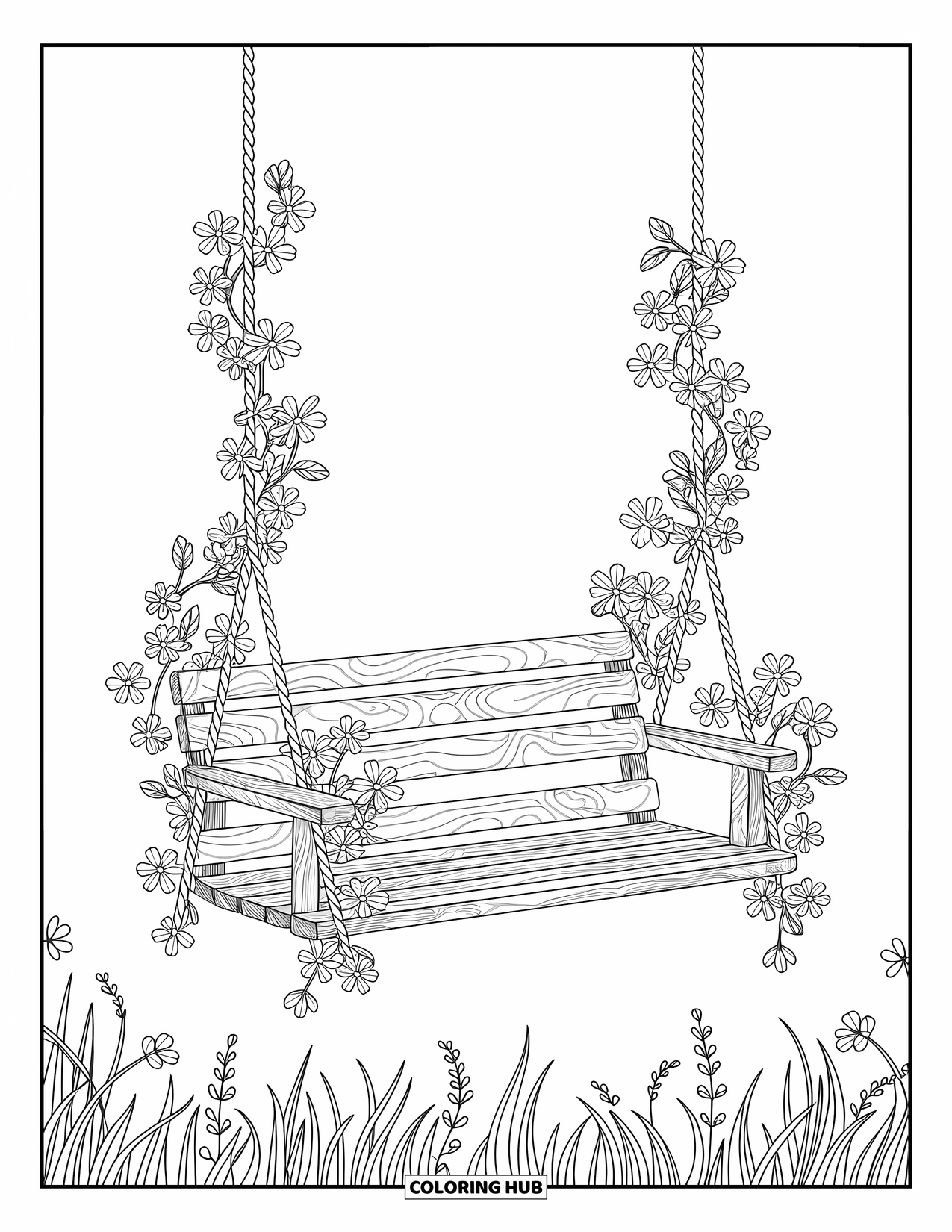 Desenho de primavera para colorir para adultos: Um balanço de madeira adornado com flores, pendurado suavemente em um campo tranquilo e sereno