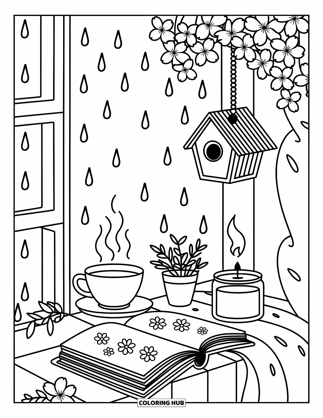 Desenho de primavera para colorir para adultos: Um balanço de madeira pende de uma árvore, com um livro e uma xícara de chá repousando ao lado