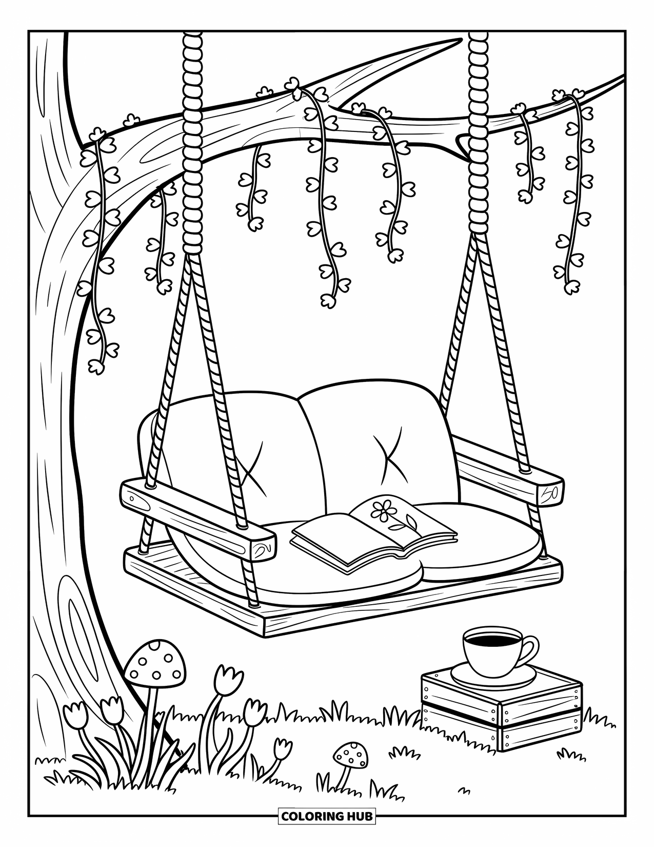 Desenho de primavera para colorir para adultos: Um balanço de madeira com uma almofada, um livro e chá repousa sob uma árvore florida