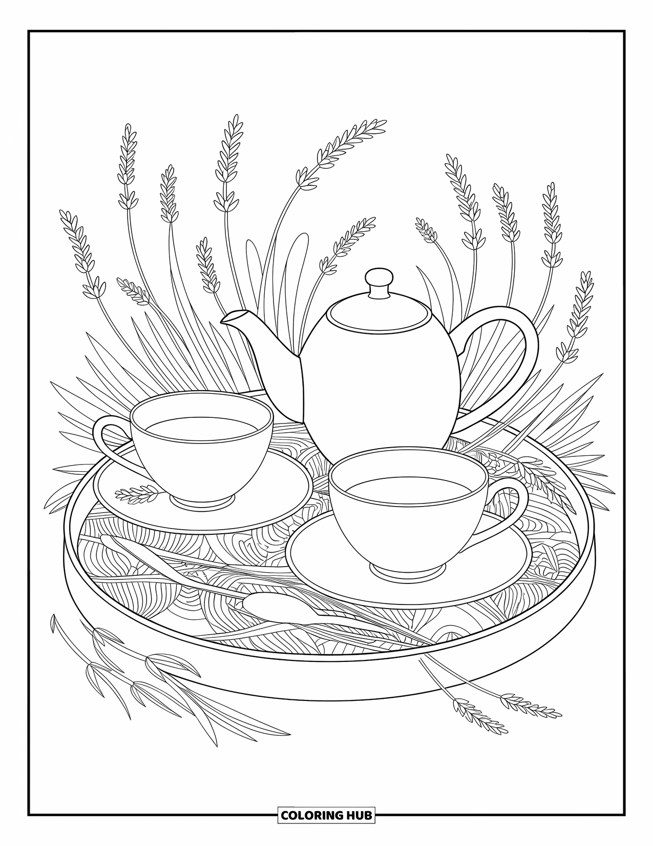 Desenho de primavera para colorir para adultos: Uma bandeja de madeira segura um conjunto de chá tranquilo, cercado por lavanda fresca e ervas perfumadas