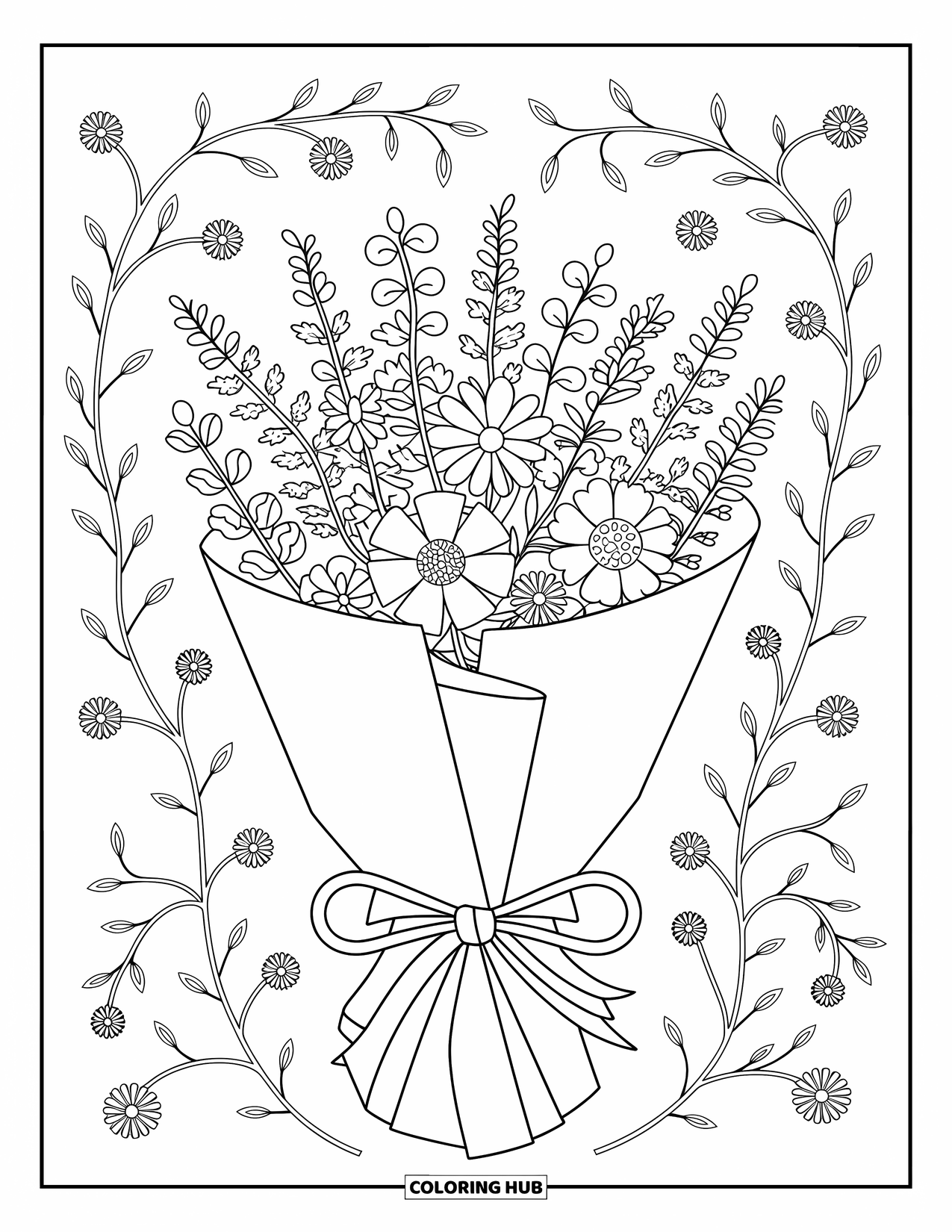 Desenho de primavera para colorir para adultos: Um buquê embrulhado de flores da primavera sortidas, com fitas esvoaçantes e detalhes florais intrincados