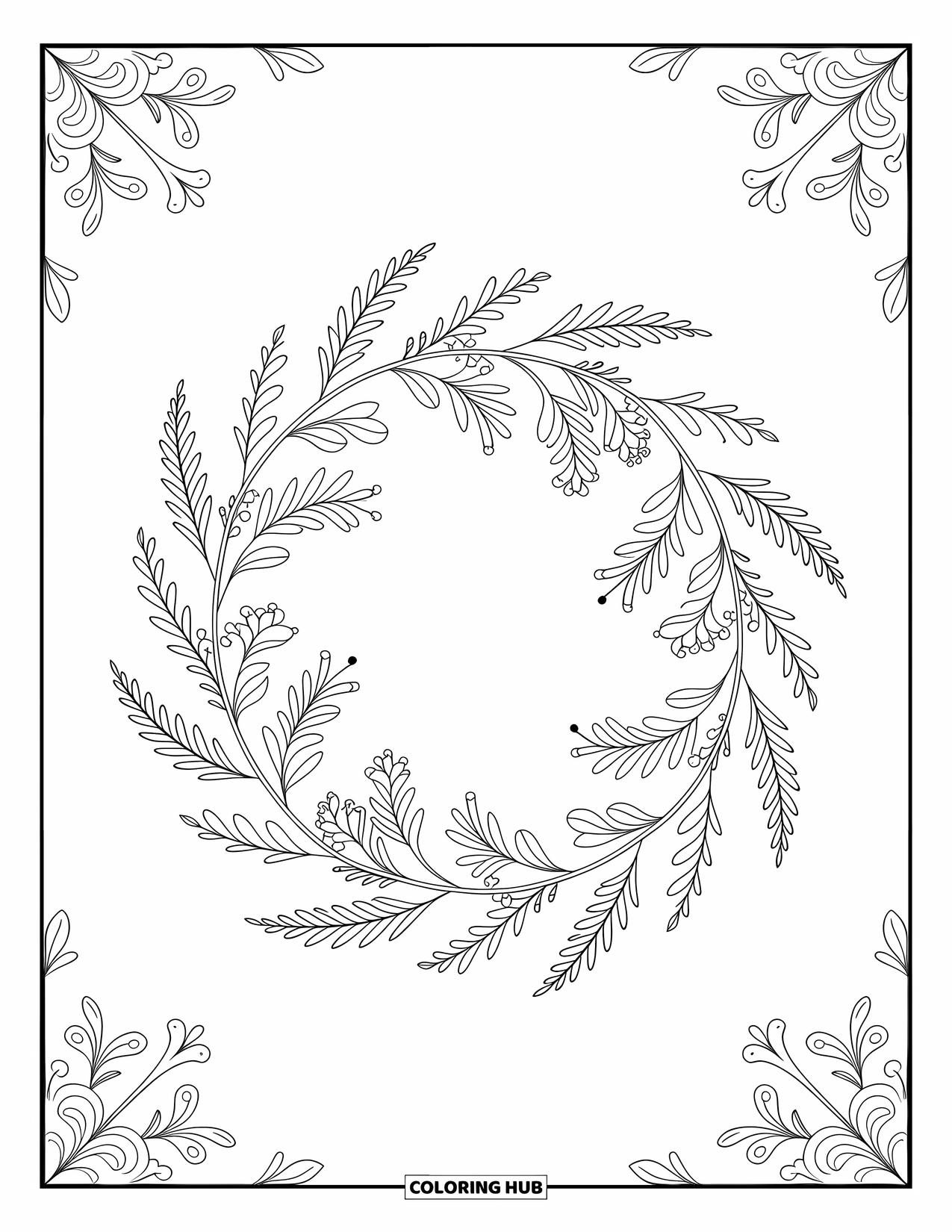 Desenho de primavera para colorir para adultos: Uma guirlanda de flores silvestres e folhas com dois pequenos pássaros descansando em seus galhos delicados