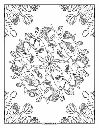 Spring Coloring Page for Adults: An elegant floral mandala featuring intertwined roses, tulips, and daffodils in a detailed design