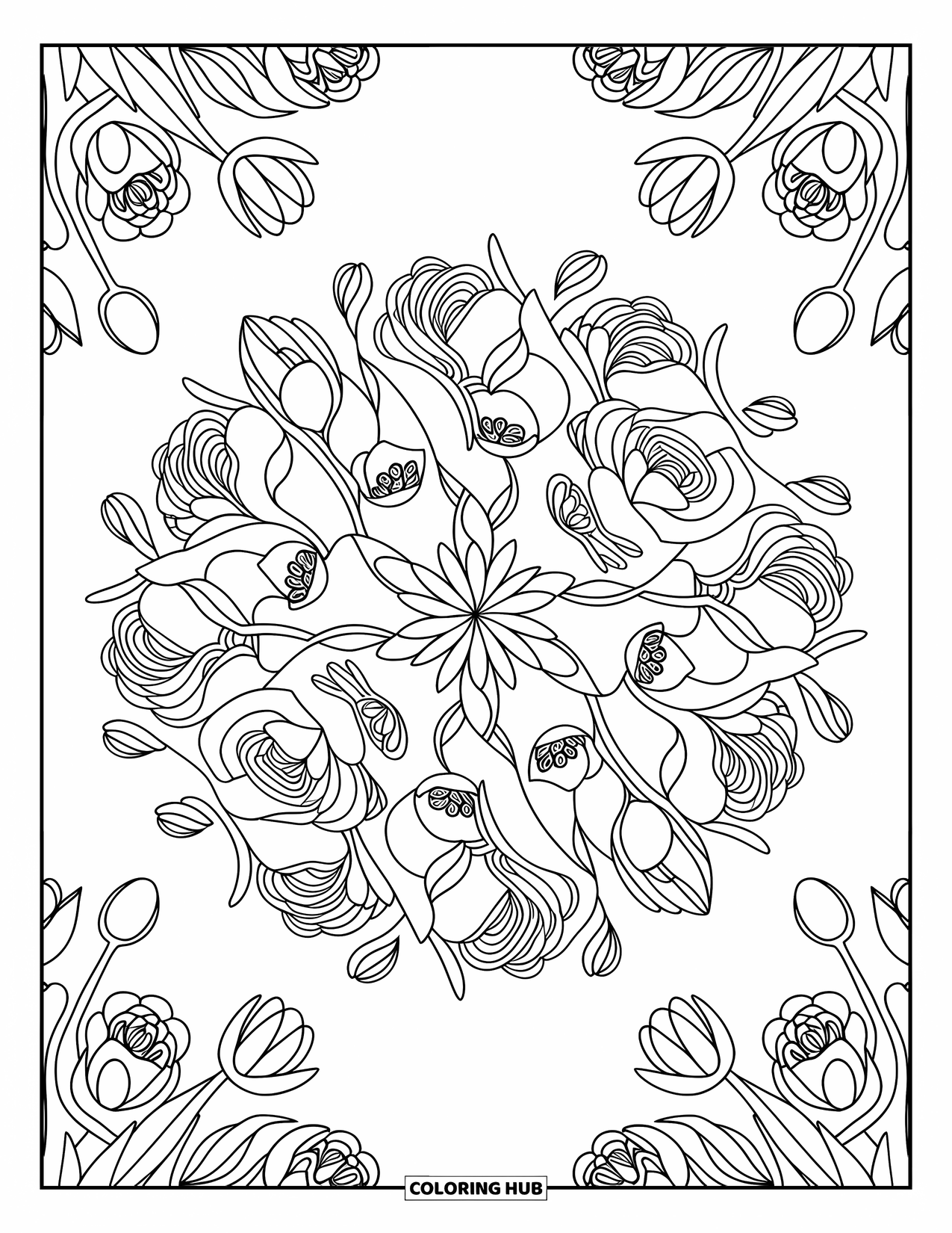 Desenho de primavera para colorir para adultos: Uma mandala floral elegante com rosas, tulipas e narcisos entrelaçados em um design detalhado