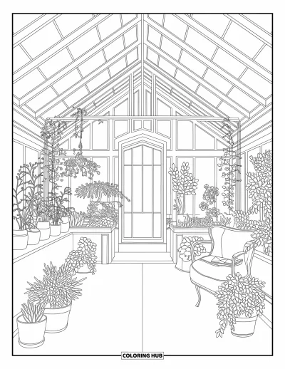 Spring Coloring Page for Adults: An elegant greenhouse filled with potted plants, hanging vines, and a cozy reading nook