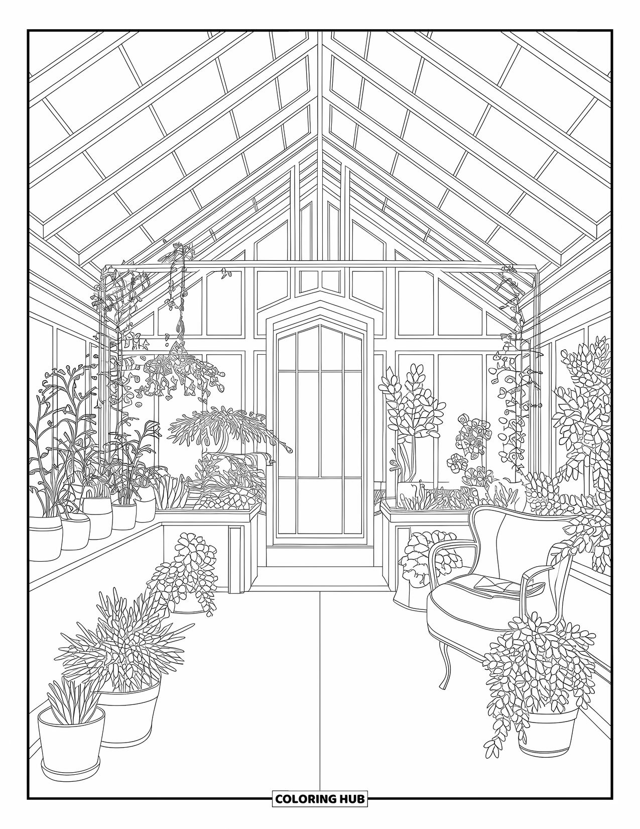 Desenho de primavera para colorir para adultos: Uma estufa elegante cheia de vasos de plantas, vinhas penduradas e um recanto de leitura aconchegante