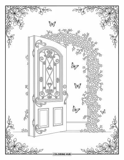 Spring Coloring Page for Adults: An enchanting garden door covered in creeping ivy and delicate ironwork, with fluttering butterflies