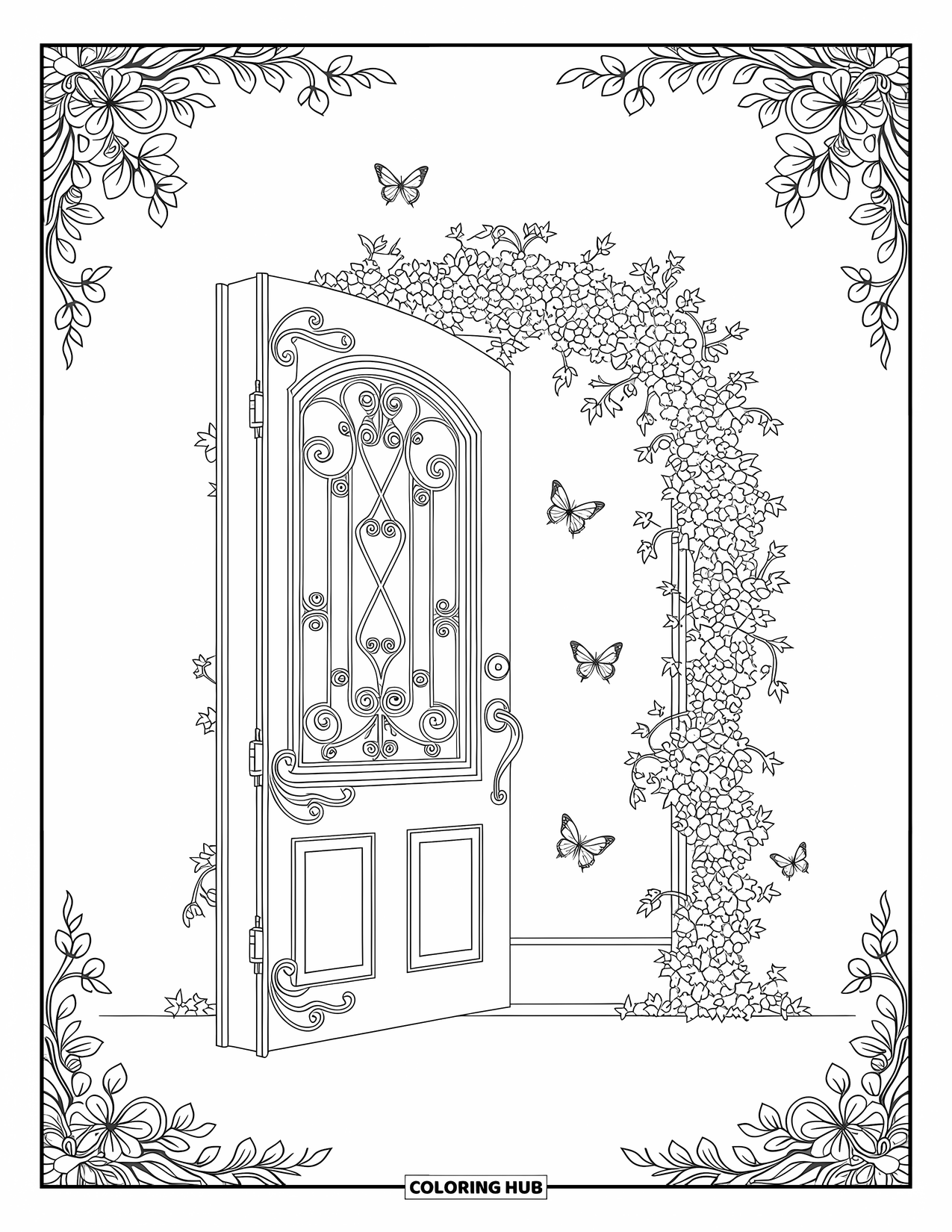 Desenho de primavera para colorir para adultos: Uma porta de jardim encantadora coberta de hera rastejante e trabalhos de ferro delicados, com borboletas esvoaçantes